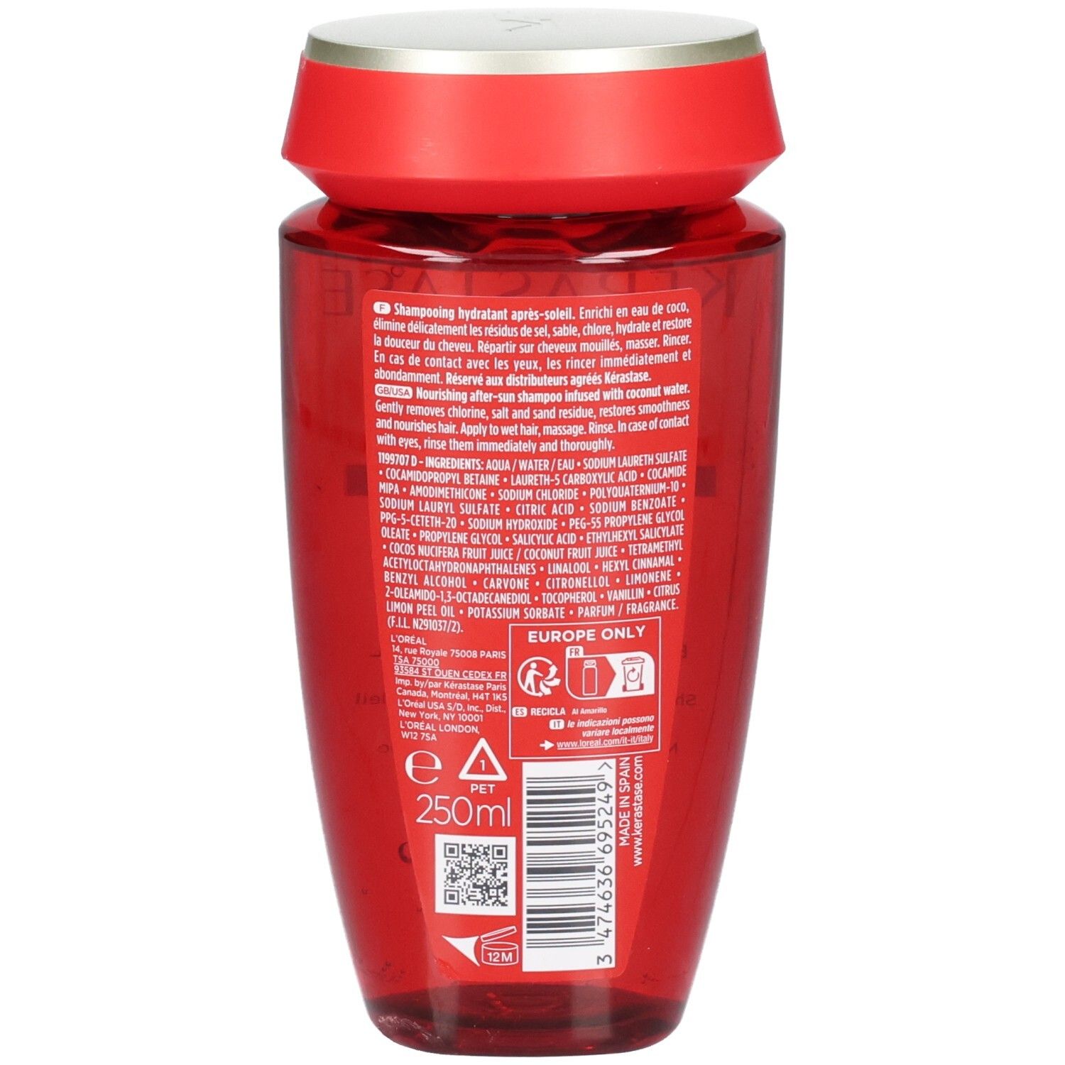 Rückseite der Kérastase Soleil Bain Après-Soleil Flasche mit Inhaltsstoffen und 250ml Angabe.