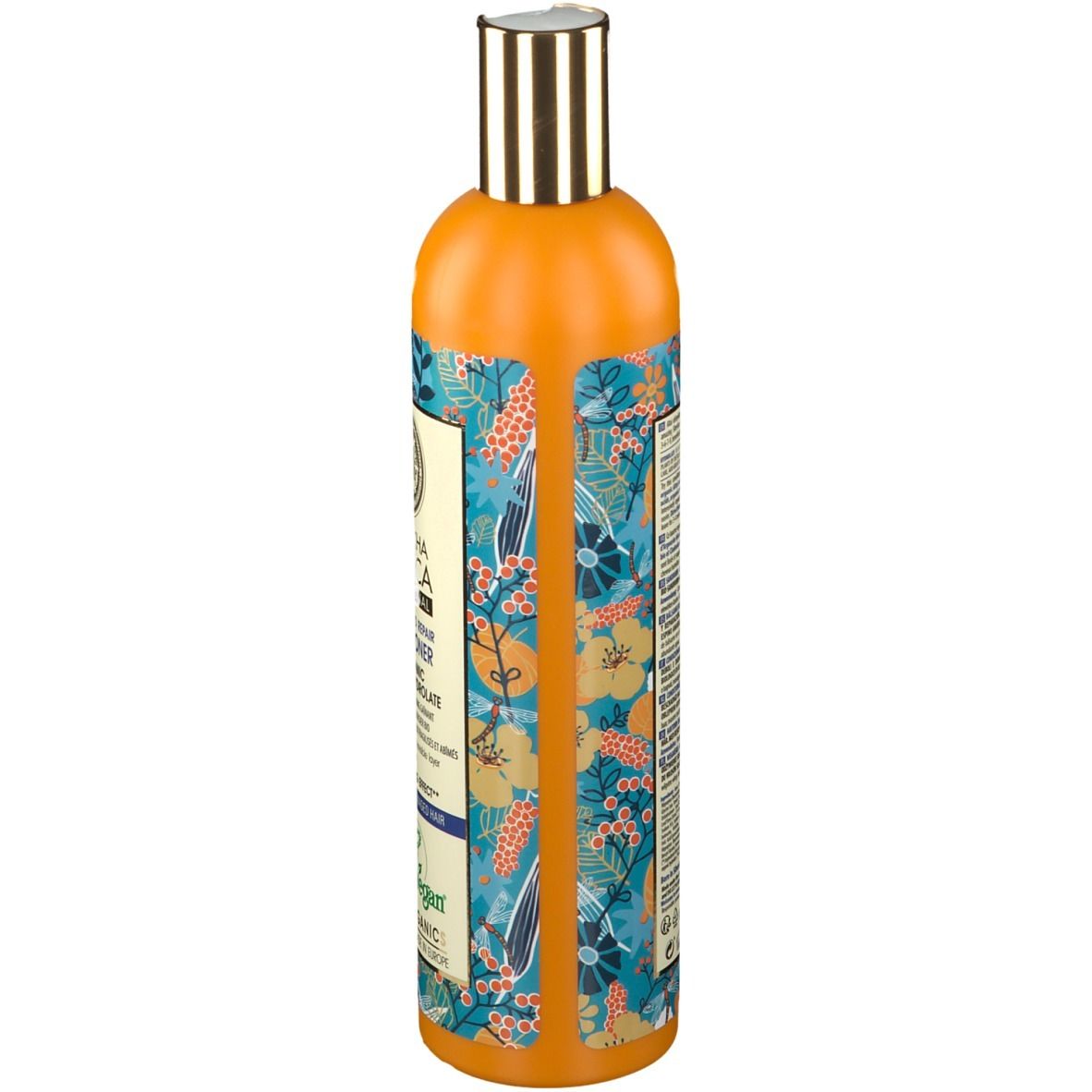 Orangefarbene Flasche mit floralem Muster. Seitenansicht. Goldfarbener Deckel.