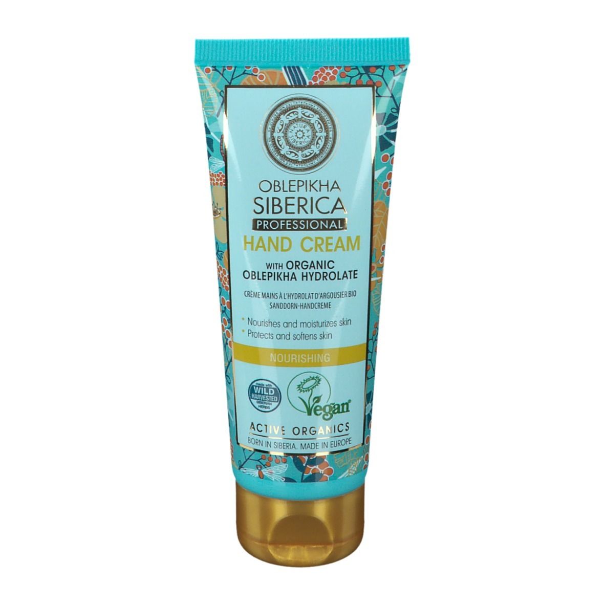 Türkis-farbene Tube Handcreme. Oben: Oblepikha Siberica Professional. Text: Hand Cream. Mit Bio-Sanddorn-Hydrolat. Vegan.