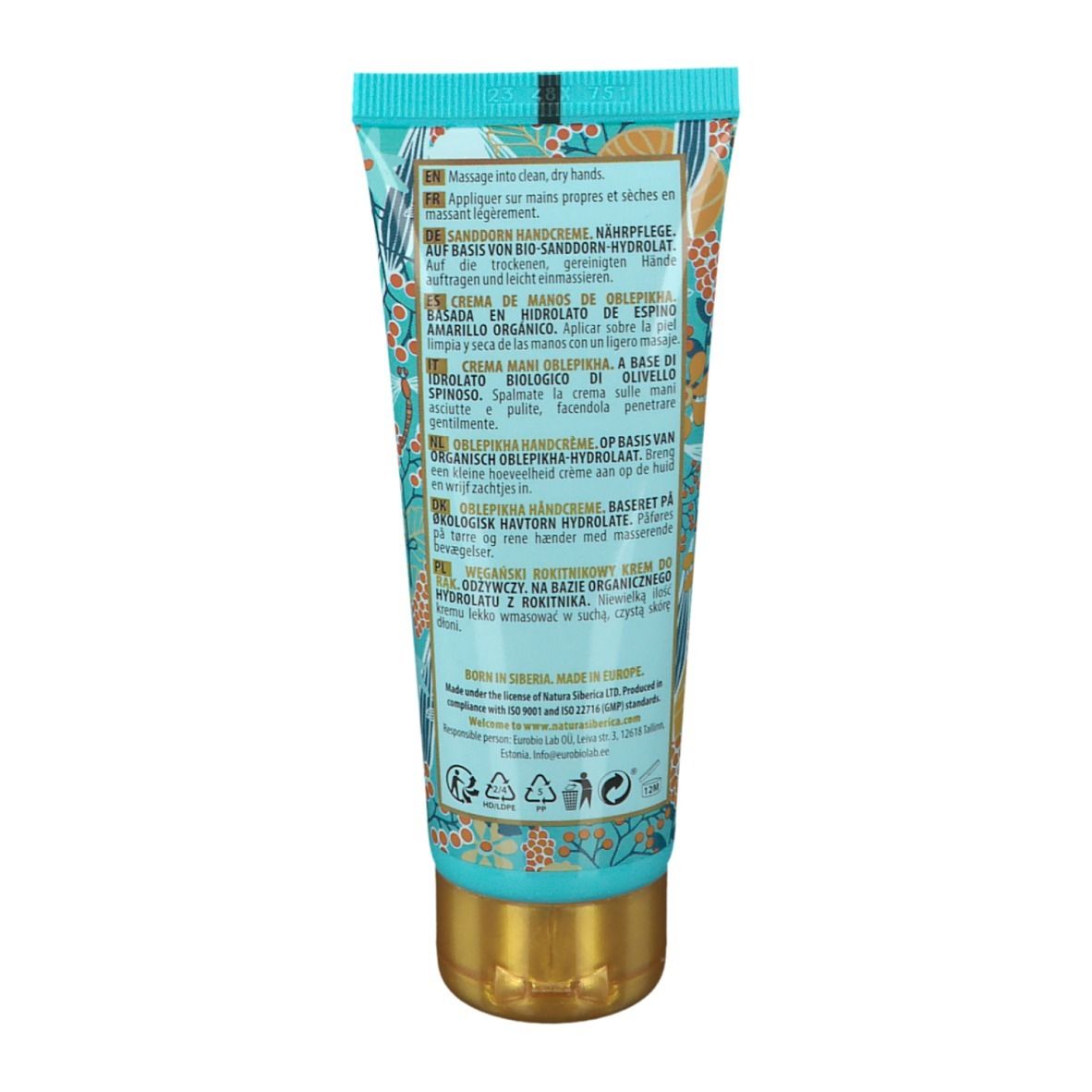 Rückseite der Handcreme-Tube. Mehrsprachiger Text. Oben: Anwendungshinweise. Inhaltsstoffe. Recycling-Symbole.