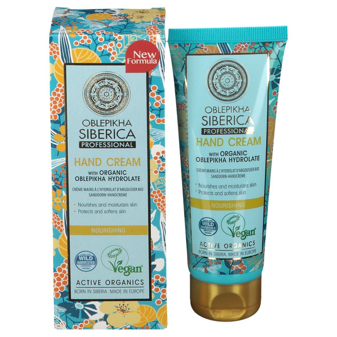 Handcreme-Tube und Schachtel. Oblepikha Siberica Professional. Hand Cream. Mit Bio-Sanddorn-Hydrolat. Vegan. Neue Formel.