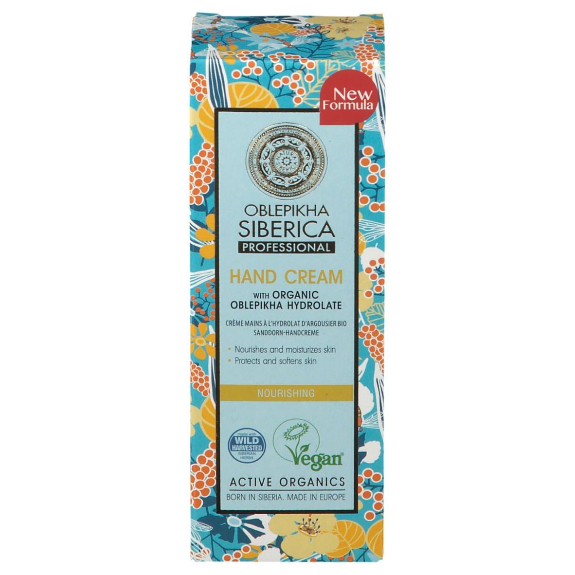 Schachtel Handcreme. Oblepikha Siberica Professional. Hand Cream. Mit Bio-Sanddorn-Hydrolat. Vegan. Neue Formel.