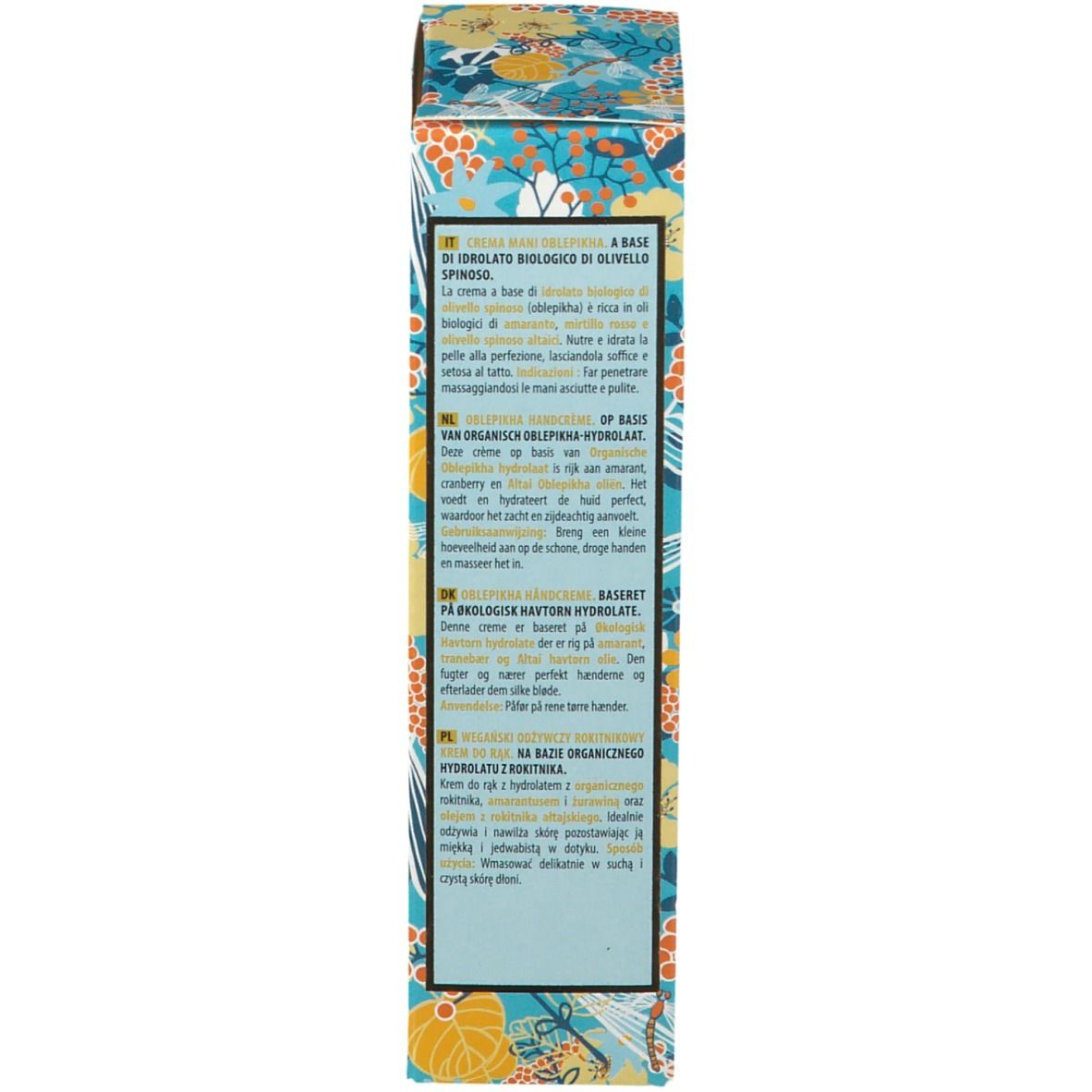 Schachtel-Seite. Mehrsprachiger Text. Anwendungshinweise. Inhaltsstoffe. Hergestellt in Europa. Barcode.