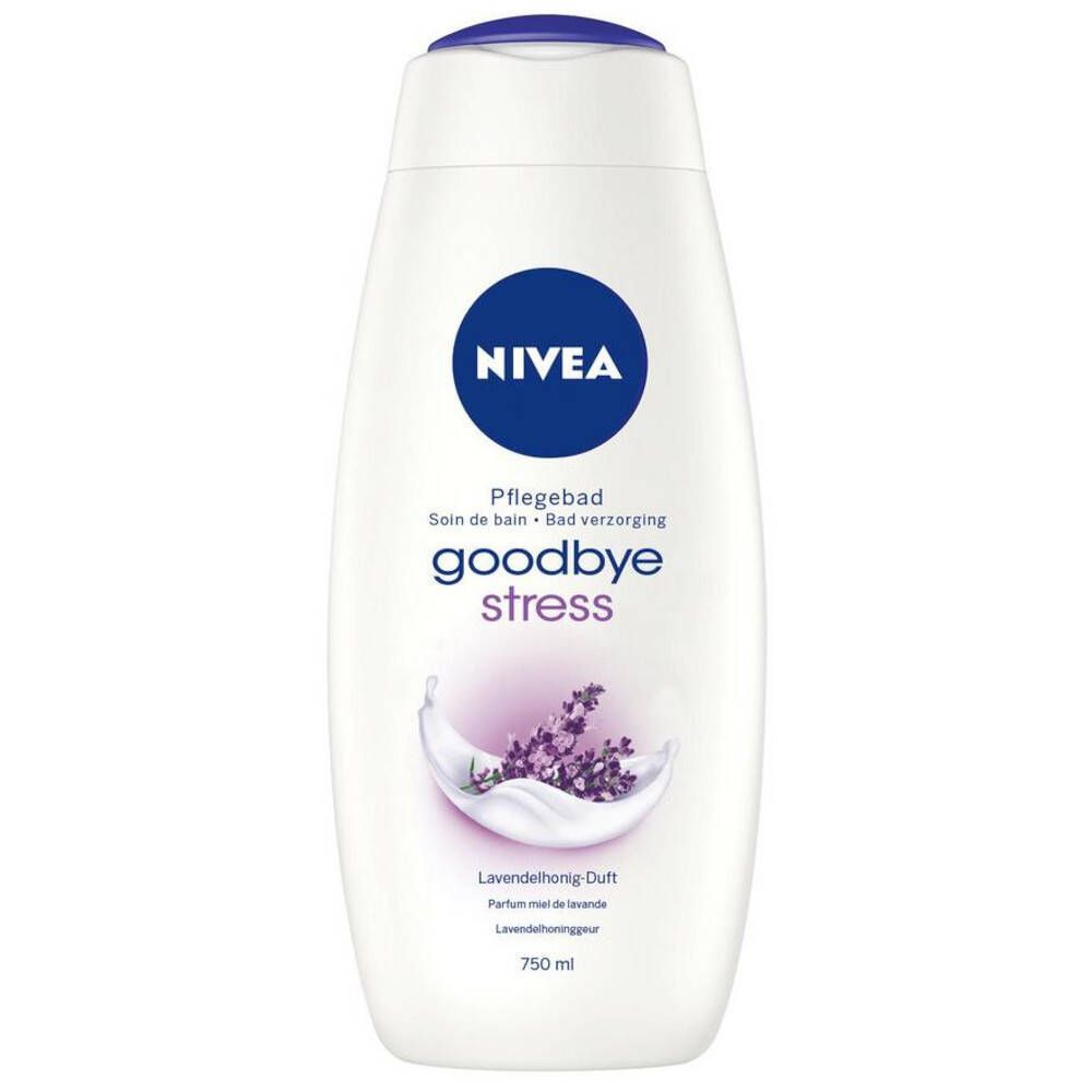 Weiße Flasche mit blauem Deckel und NIVEA-Logo. Aufschrift: Pflegebad Goodbye Stress. Lavendel-Illustration.