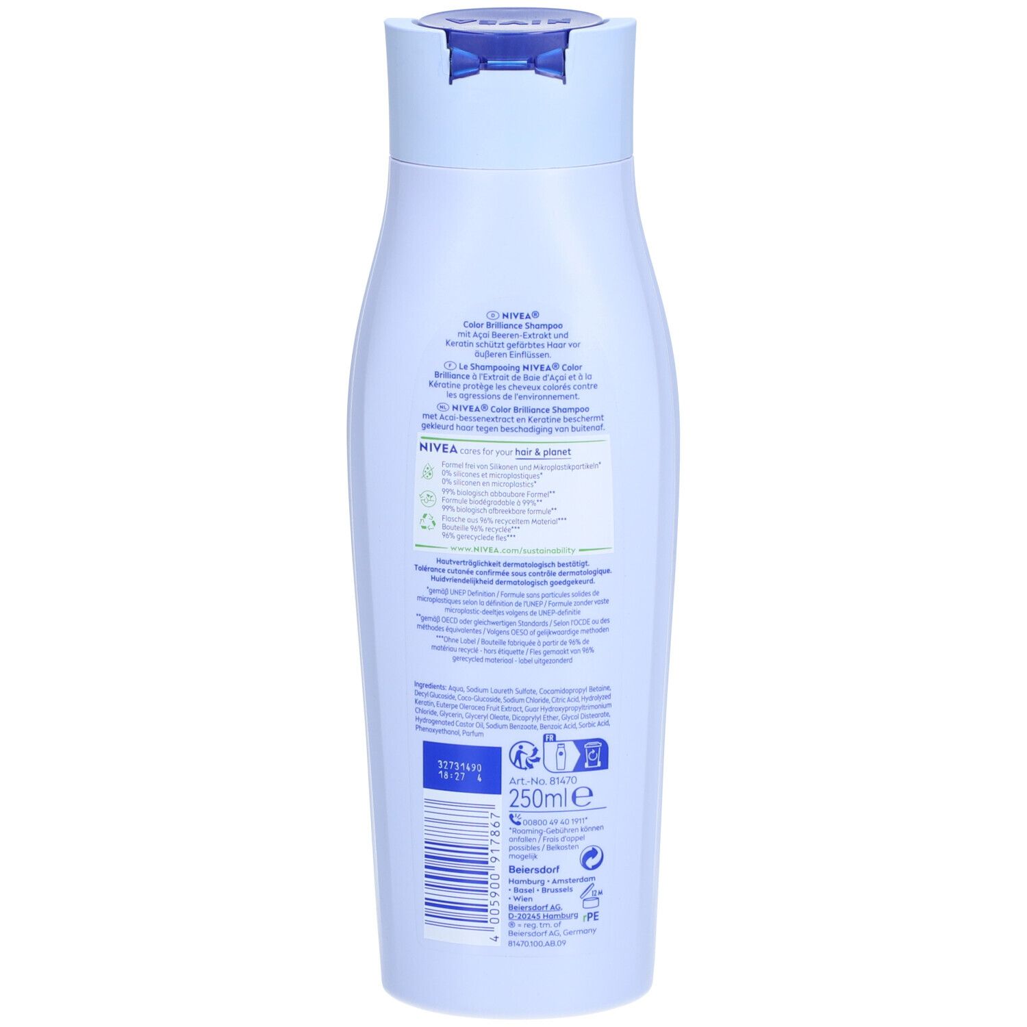 Rückseite einer hellblauen Shampoo-Flasche. Text mit Produktinformationen und Inhaltsstoffen. 250ml-Angabe.