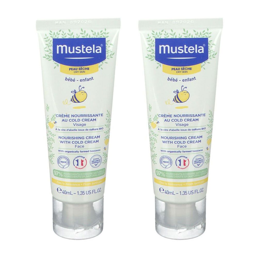 Zwei Tuben Mustela Cold Cream Gesichtscreme. Weiße Tuben mit blauer und gelber Beschriftung. Text: Crème Nourrissante, Cold Cream.