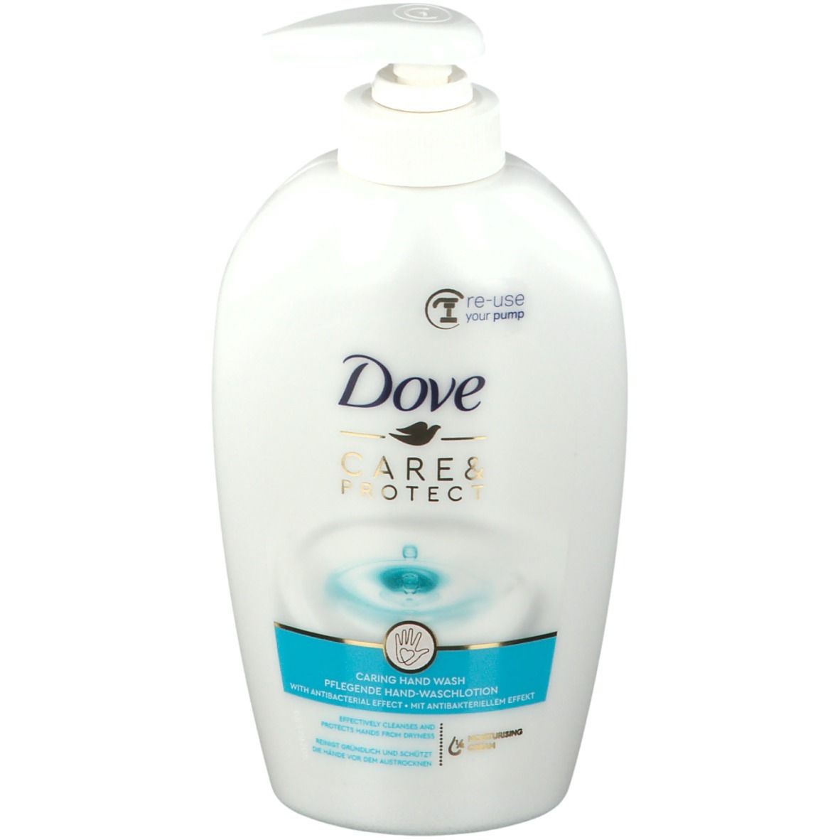 Weiße Handseife mit Dosierpumpe. Aufschrift Dove Care & Protect. Blaue und goldene Akzente. Text: Caring Hand Wash.