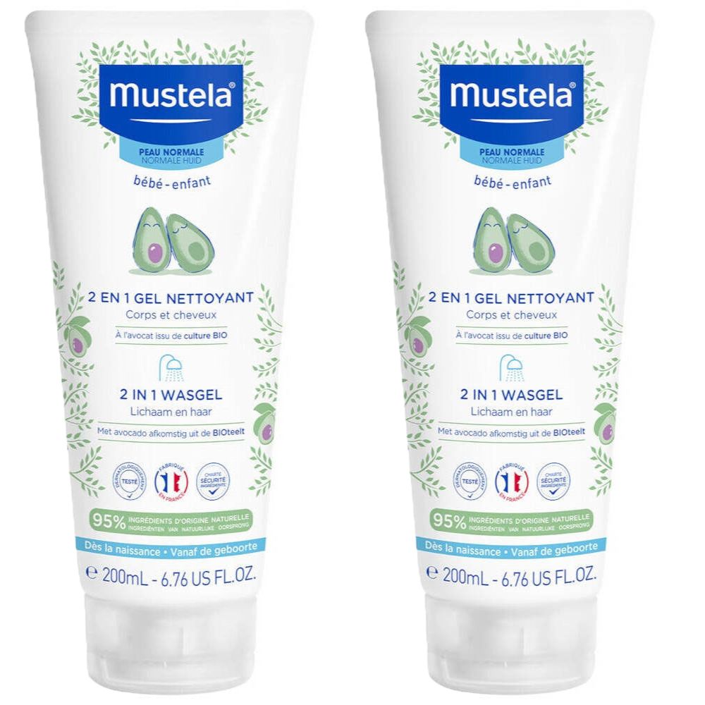 Zwei weiße Tuben mit blauem Logo und Text. Aufschrift: Mustela, 2 in 1 Waschgel, für Körper und Haar. Mit Avocado.