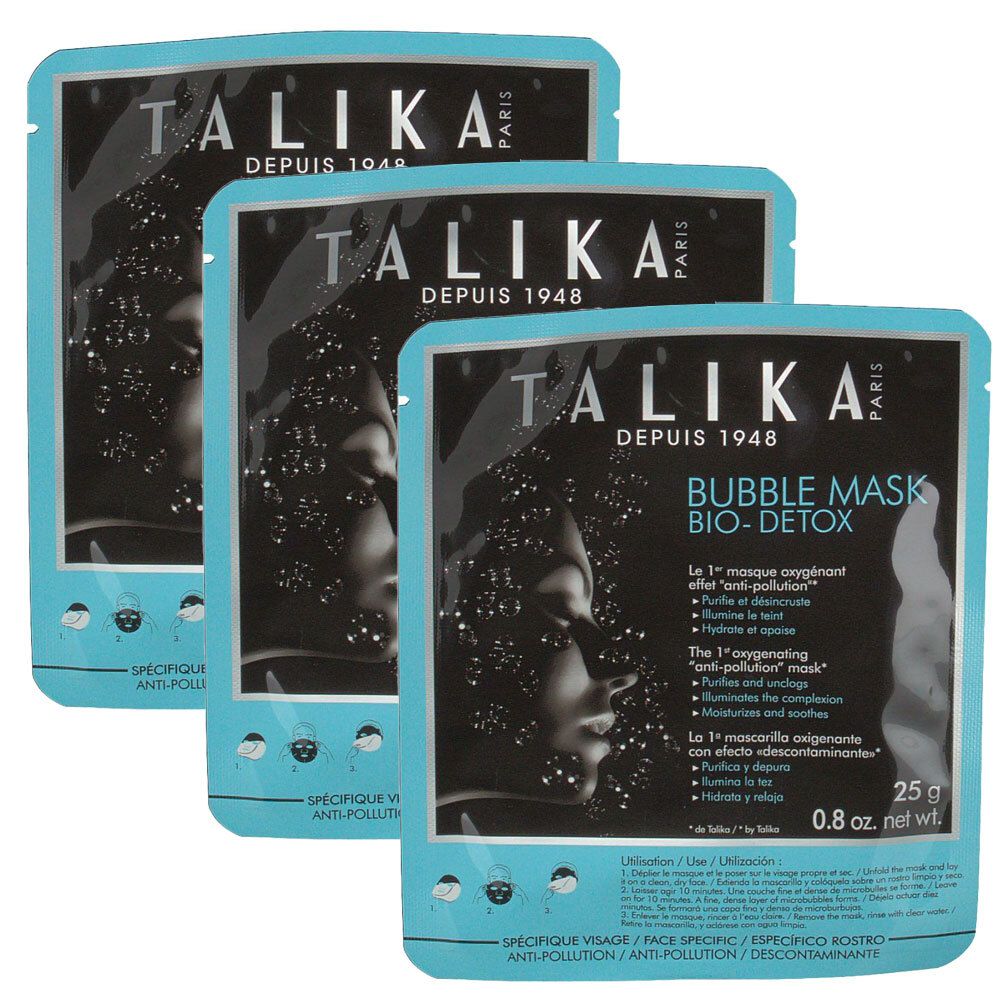 Drei TALIKA Bubble Mask Bio-Detox Maskenpackungen. Hellblaue Verpackung mit Produktname und Gesichtsprofil.