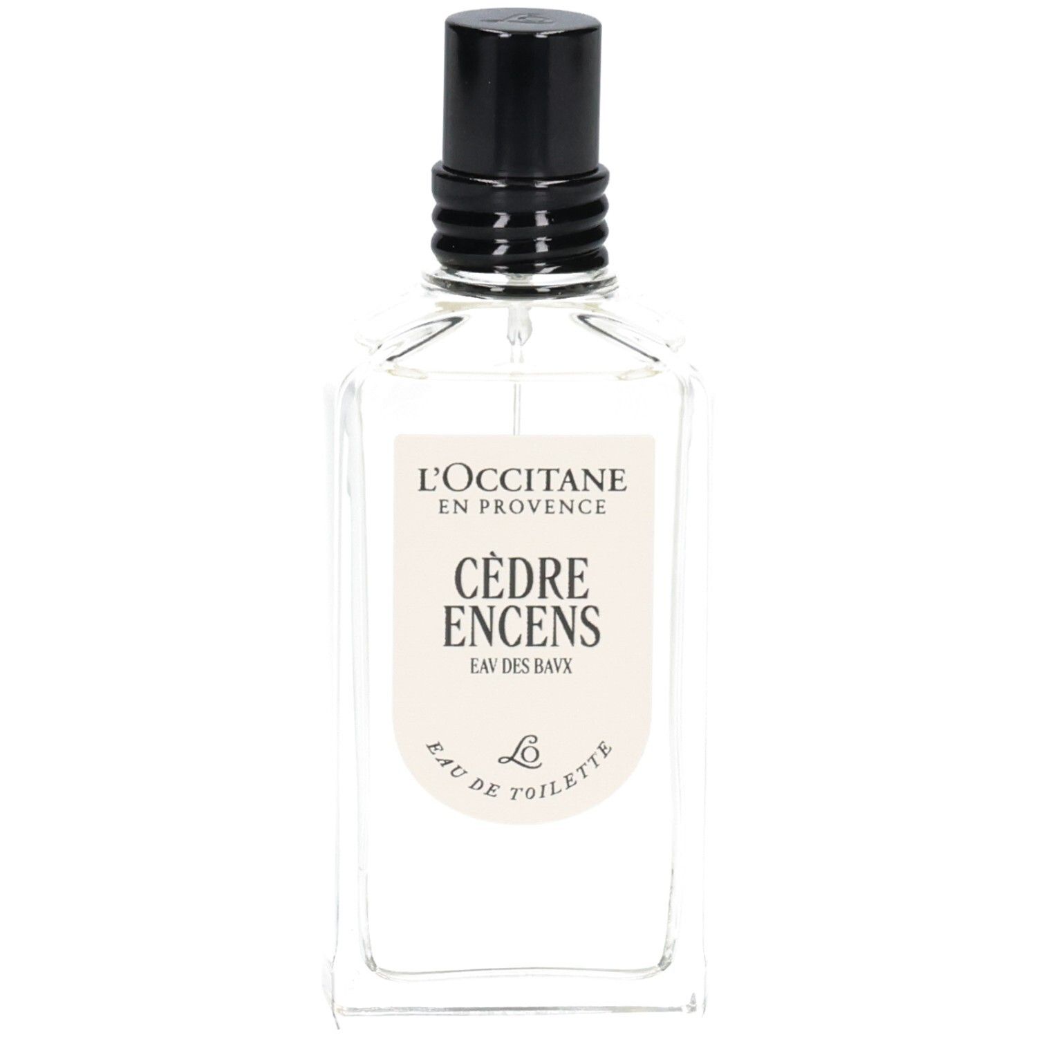L'OCCITANE Eau de Toilette Cèdre Encens (Eau des Baux) in klarer Glasflasche mit schwarzem Zerstäuber.