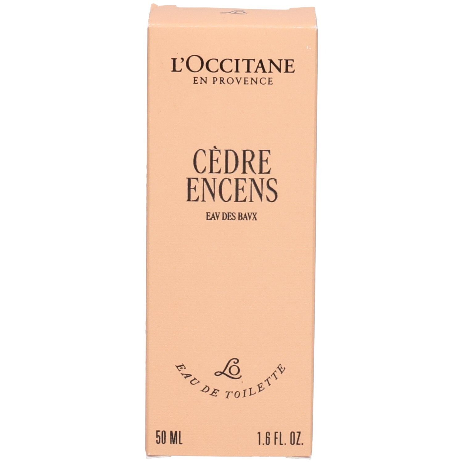 Vorderseite der L'OCCITANE Eau de Toilette Cèdre Encens (Eau des Baux) 50ml Kartonverpackung.