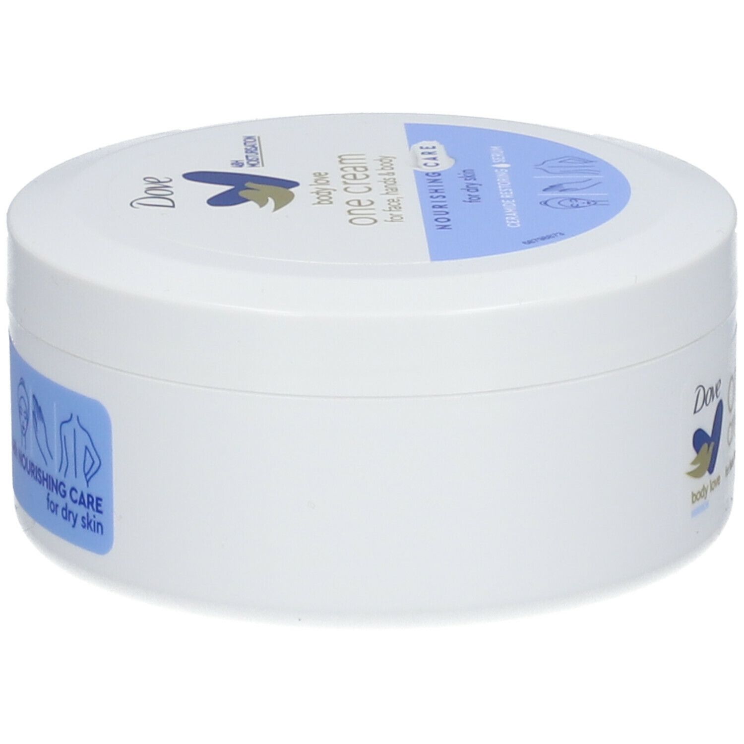 Weißer Tiegel mit blauem Deckel. Aufschrift: Dove, One Cream, Nourishing Care. Für Gesicht, Hände & Körper. 48h Feuchtigkeitspflege.