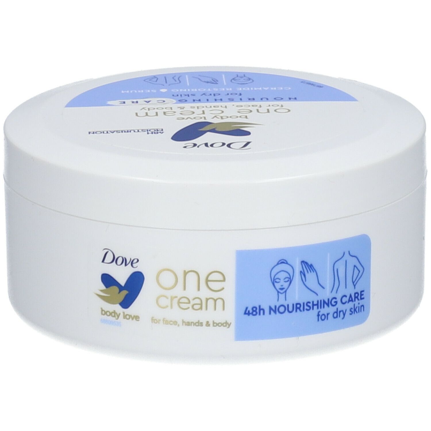 Weißer Tiegel mit blauem Deckel. Aufschrift: Dove, One Cream, Nourishing Care. Für Gesicht, Hände & Körper. 48h Feuchtigkeitspflege.