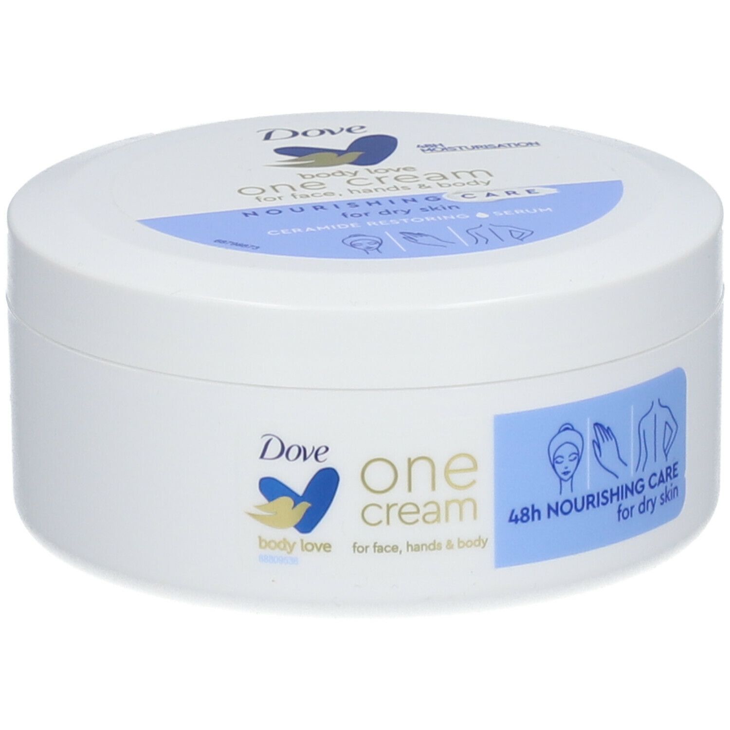 Weißer Tiegel mit blauem Deckel. Aufschrift: Dove, One Cream, Nourishing Care. Für Gesicht, Hände & Körper. 48h Feuchtigkeitspflege.