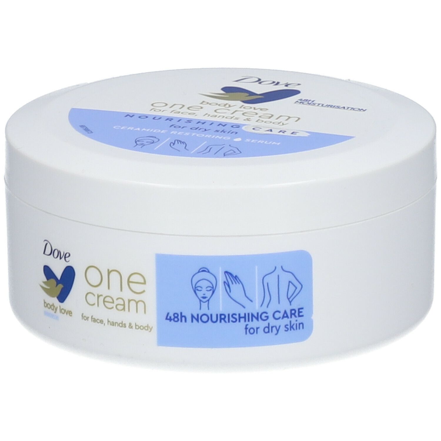 Weißer Tiegel mit blauem Deckel. Aufschrift: Dove, One Cream, Nourishing Care. Für Gesicht, Hände & Körper. 48h Feuchtigkeitspflege.