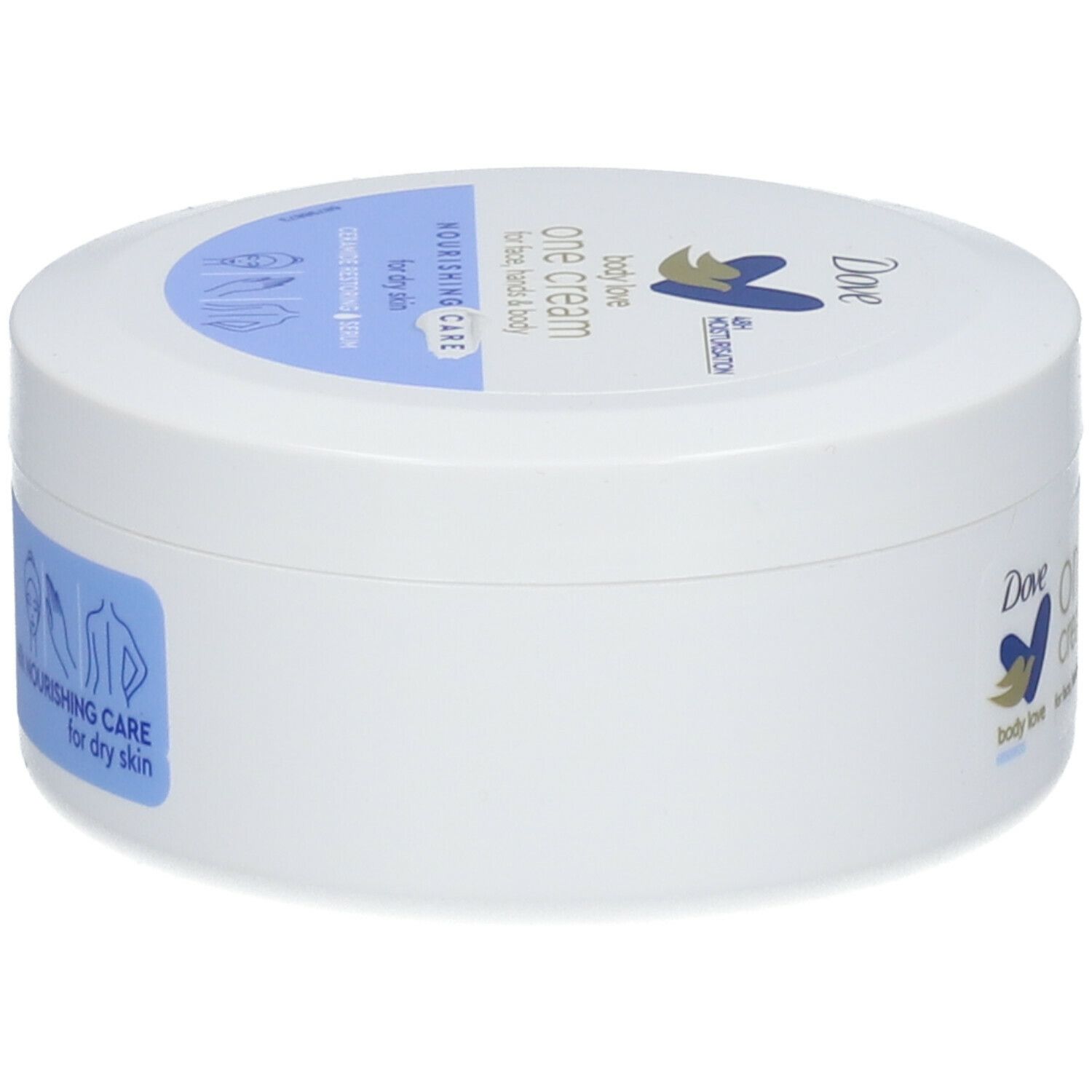 Weißer Tiegel mit blauem Deckel. Aufschrift: Dove, One Cream, Nourishing Care. Für Gesicht, Hände & Körper. 48h Feuchtigkeitspflege.