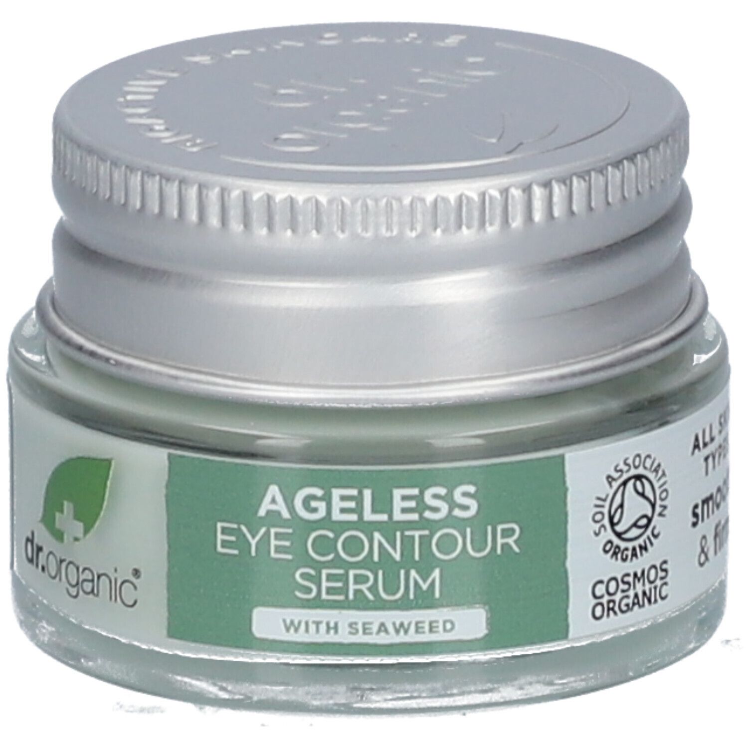 Augenkontur-Serum in Glasbehälter mit silbernem Deckel. Aufschrift: Ageless Eye Contour Serum mit Meeresalgen. Cosmos Organic.