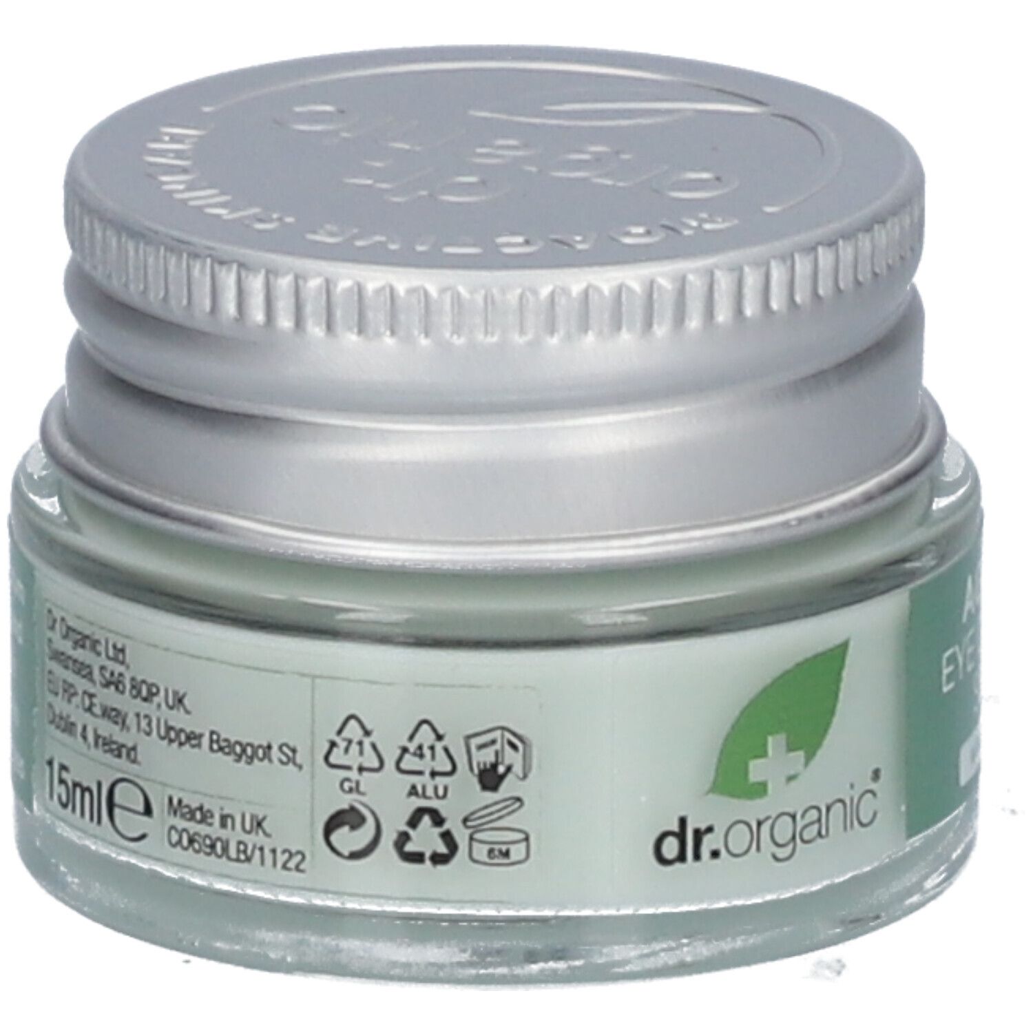 Augenkontur-Serum in Glasbehälter mit silbernem Deckel. Aufschrift: Ageless Eye Contour Serum. Mit Meeresalgen. 15ml.