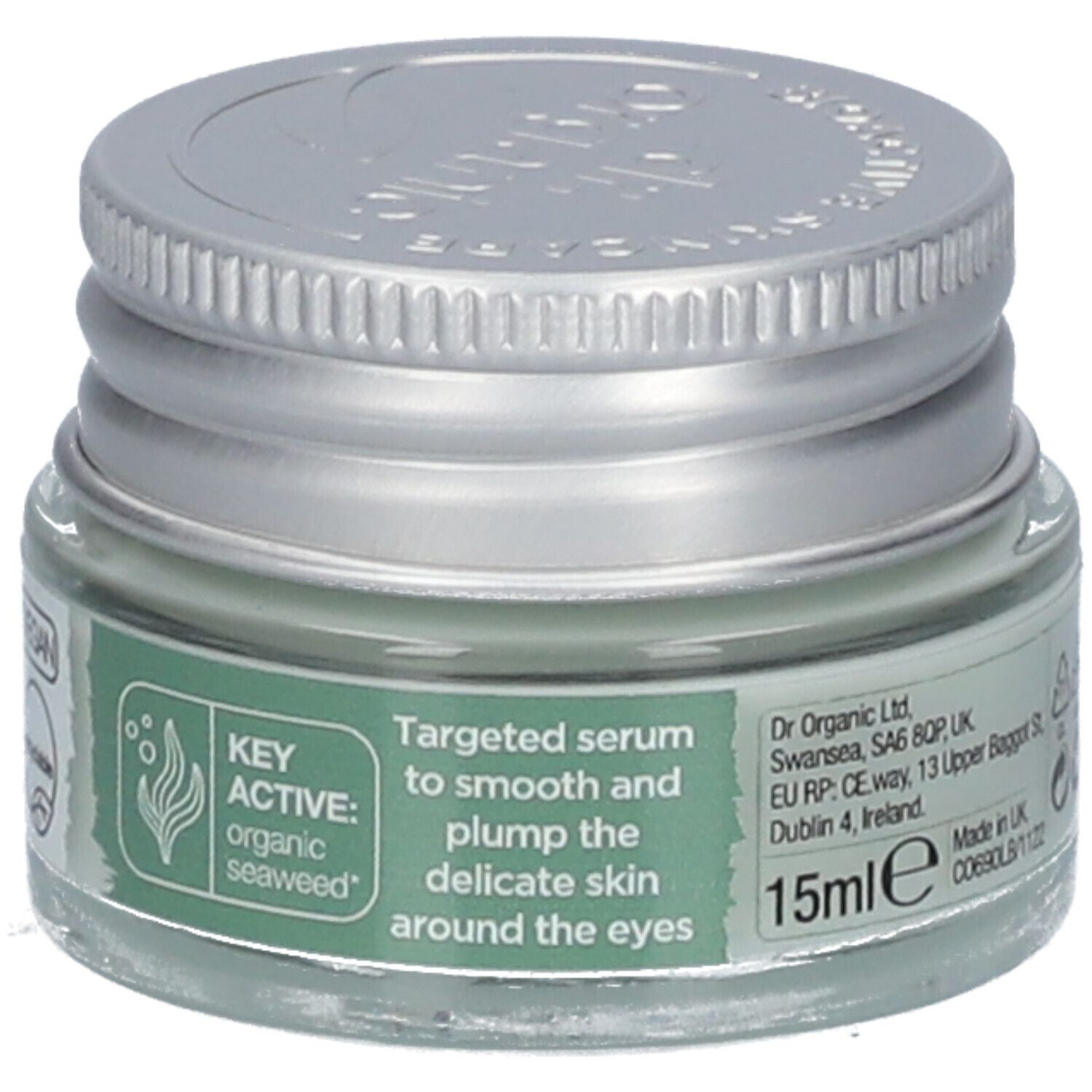 Augenkontur-Serum in Glasbehälter mit silbernem Deckel. Aufschrift: Targeted Serum. 15ml. Mit Meeresalgen. Für alle Hauttypen.