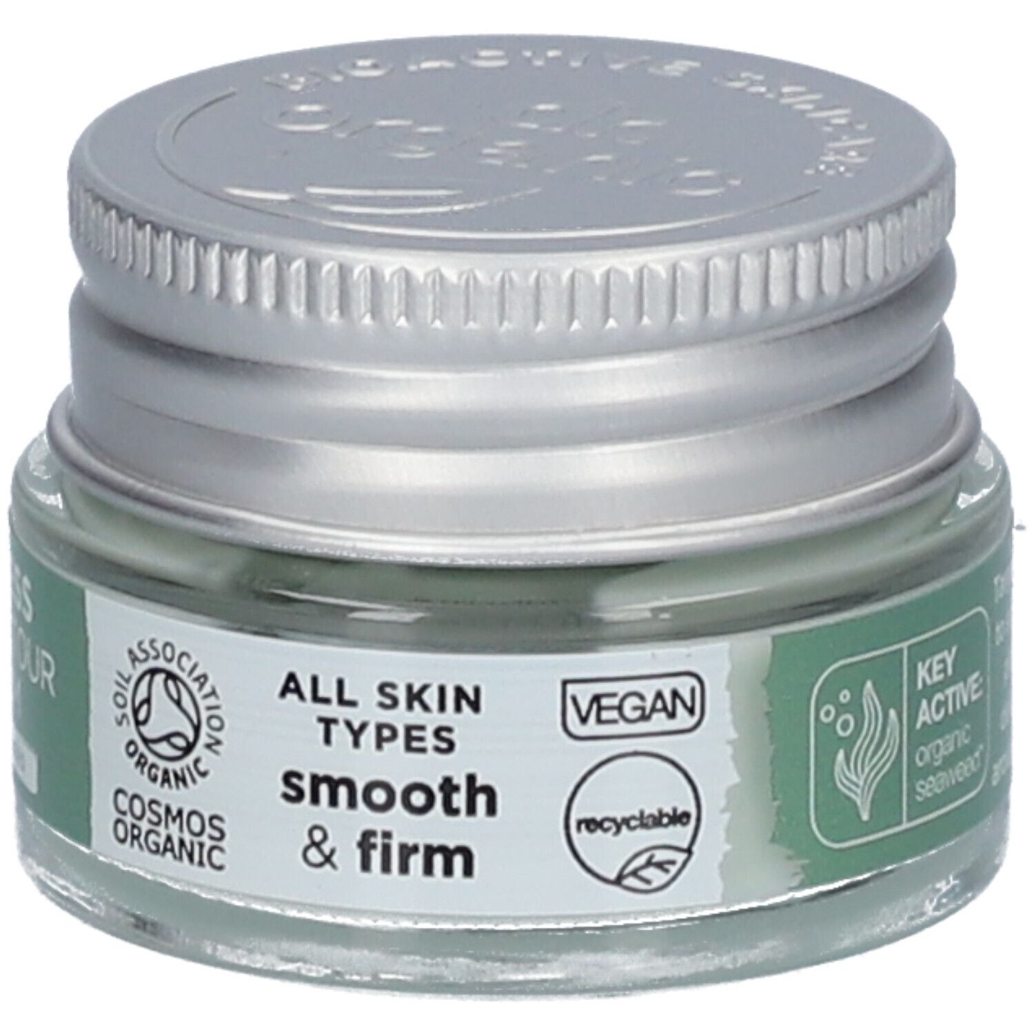 Augenkontur-Serum in Glasbehälter mit silbernem Deckel. Aufschrift: Ageless Eye Contour Serum. Vegan. Für alle Hauttypen. Recycelbar.