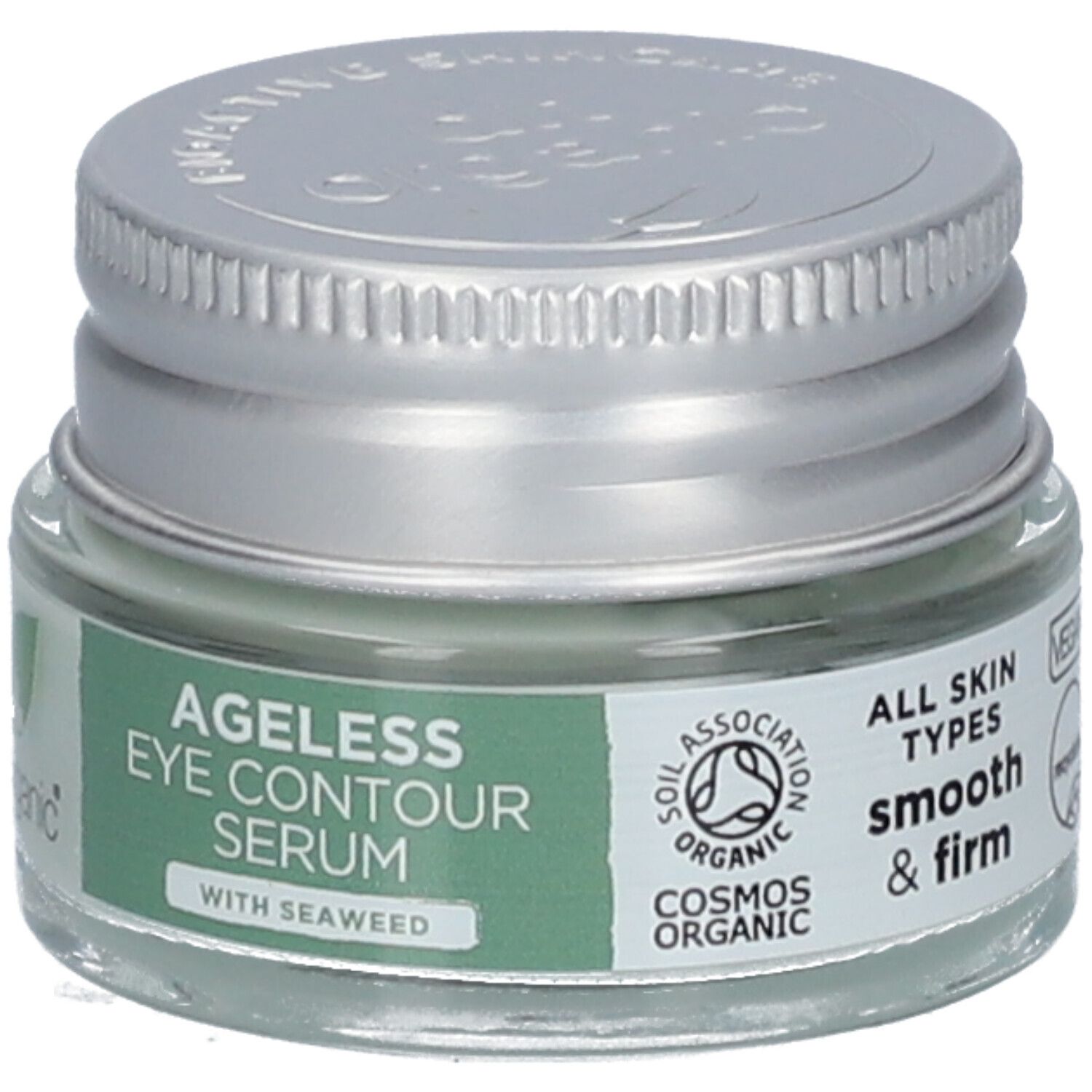 Augenkontur-Serum in Glasbehälter mit silbernem Deckel. Aufschrift: Ageless Eye Contour Serum mit Meeresalgen. Cosmos Organic.