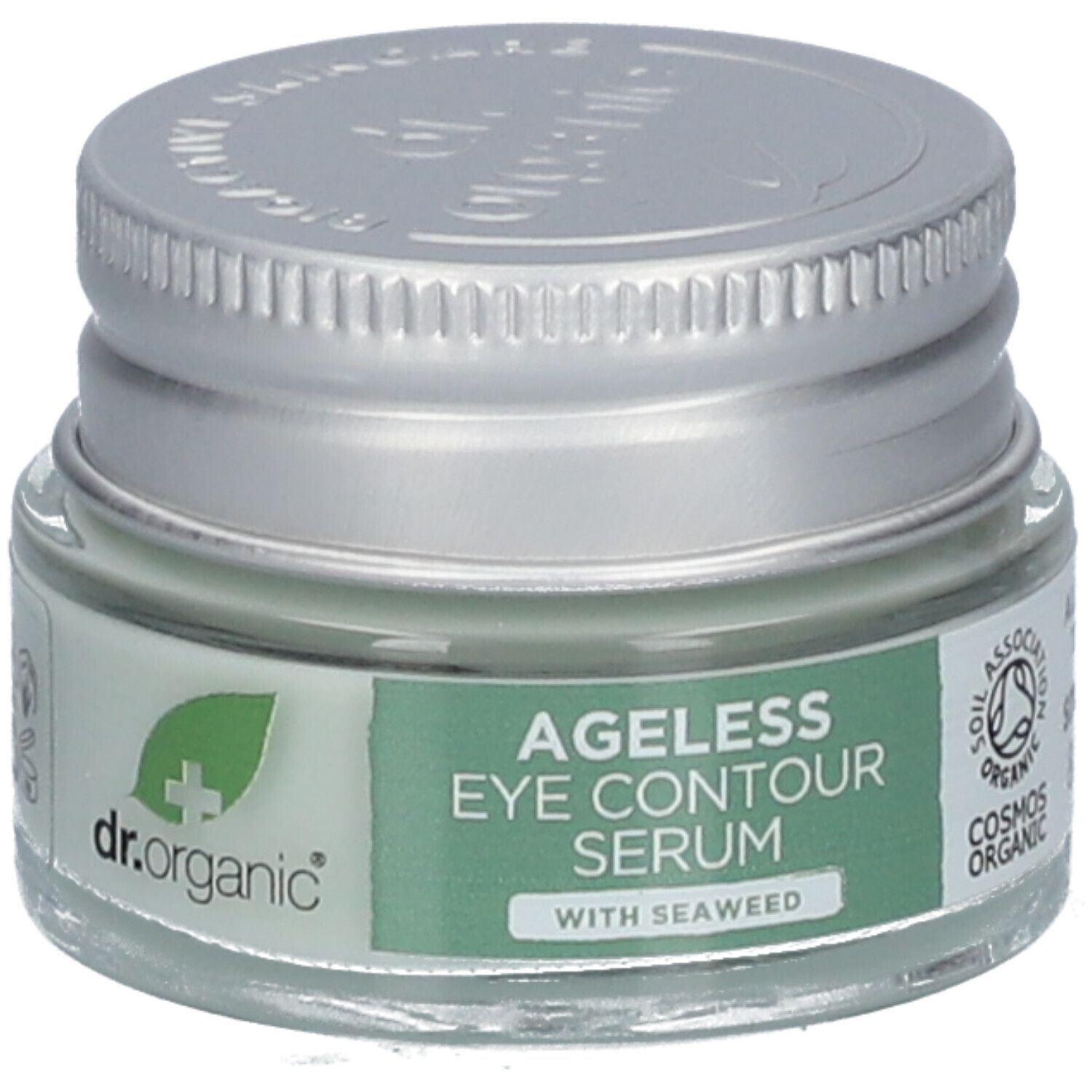 Augenkontur-Serum in Glasbehälter mit silbernem Deckel. Aufschrift: Ageless Eye Contour Serum mit Meeresalgen. Cosmos Organic.