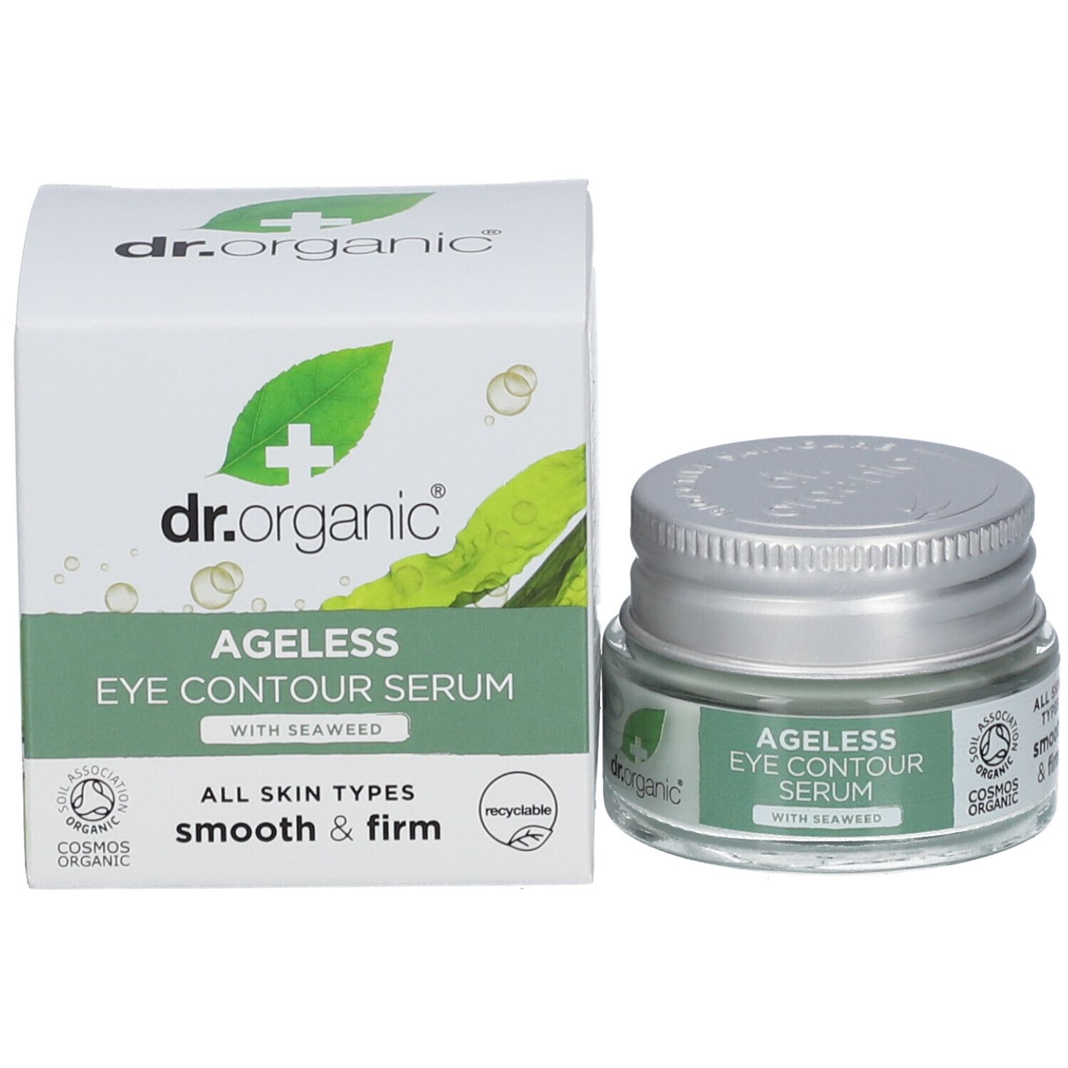 Produkt und Verpackung. Augenkontur-Serum in Glasbehälter mit silbernem Deckel. Aufschrift: Ageless Eye Contour Serum mit Meeresalgen.