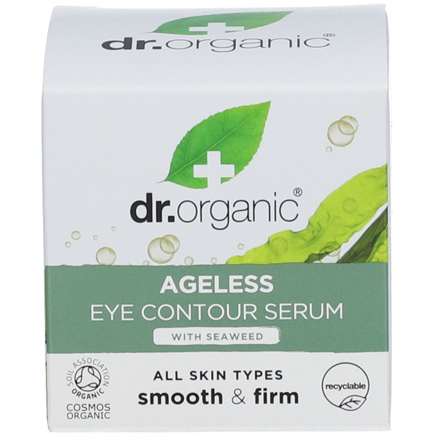 Produkt und Verpackung. Aufschrift: Ageless Eye Contour Serum mit Meeresalgen. Für alle Hauttypen. Recycelbar.