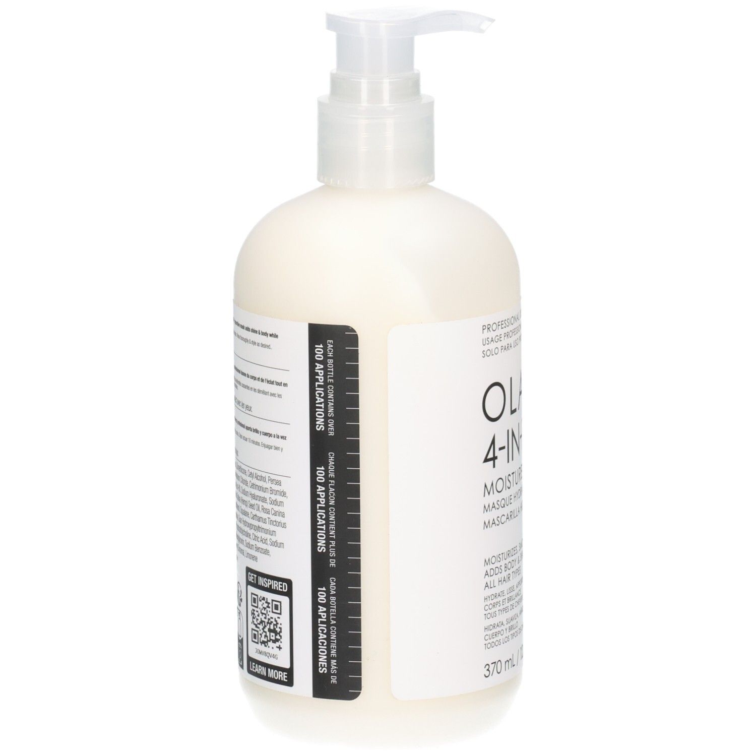 Rückseite der Olaplex 4-IN-1 Feuchtigkeitsmaske mit Anwendungshinweisen und QR-Code.