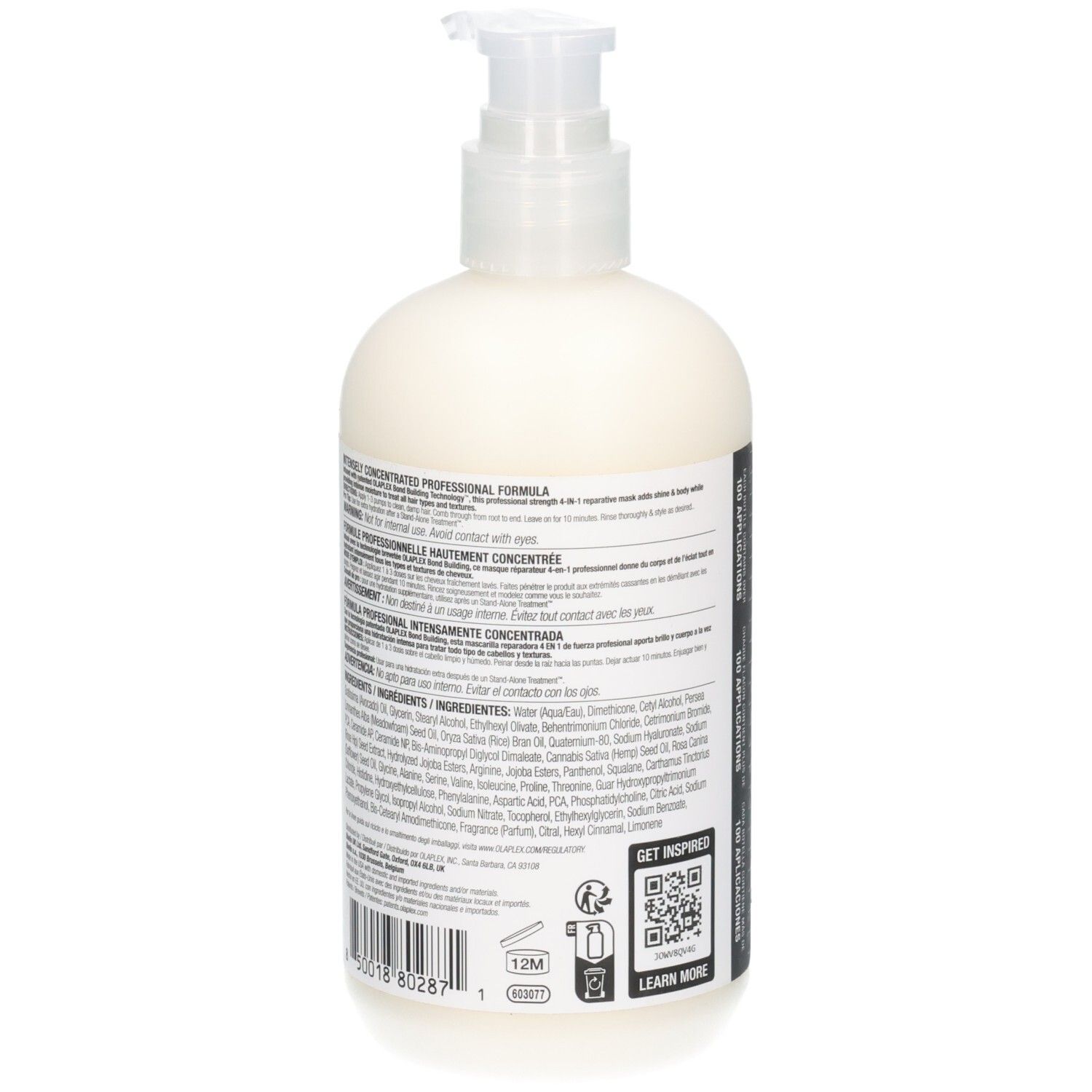 Rückseite der Olaplex 4-IN-1 Feuchtigkeitsmaske mit Inhaltsstoffen und Barcode.