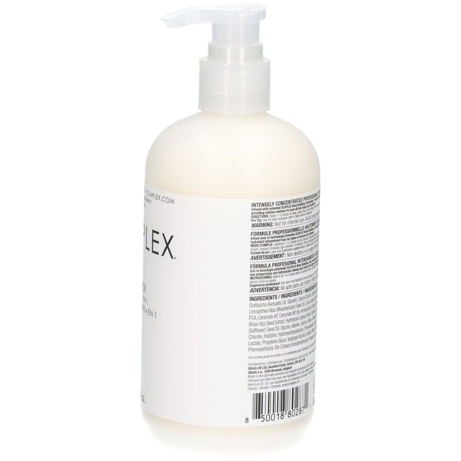 Seitenansicht der Olaplex 4-IN-1 Feuchtigkeitsmaske mit detaillierten Anwendungshinweisen.