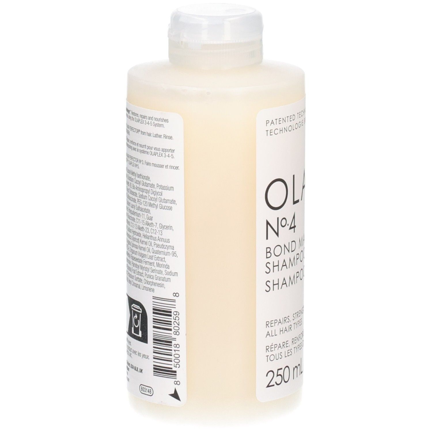 Flasche OLAPLEX No. 4 Bond Maintenance Shampoo, 250 ml. Weiße Flasche mit weißem Klappdeckel.