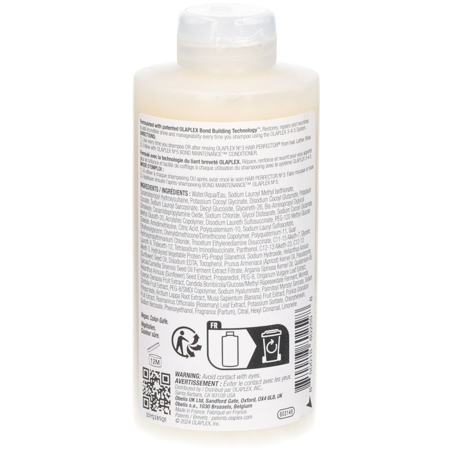 Rückseite einer Flasche OLAPLEX No. 4 Bond Maintenance Shampoo mit Inhaltsstoffliste und Anwendungshinweisen.