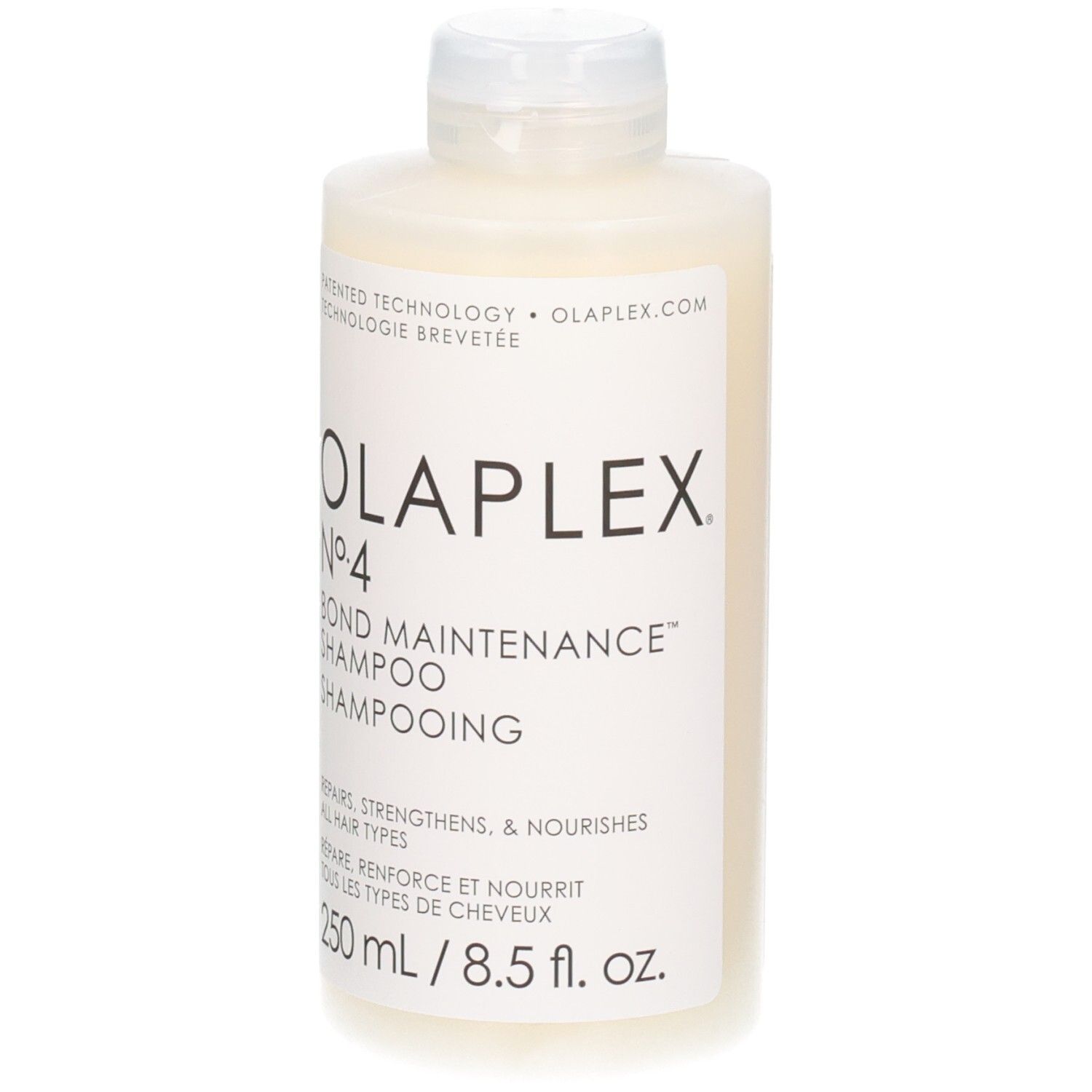 Flasche OLAPLEX No. 4 Bond Maintenance Shampoo, 250 ml. Weiße Flasche mit weißem Klappdeckel und schwarzem Etikett.