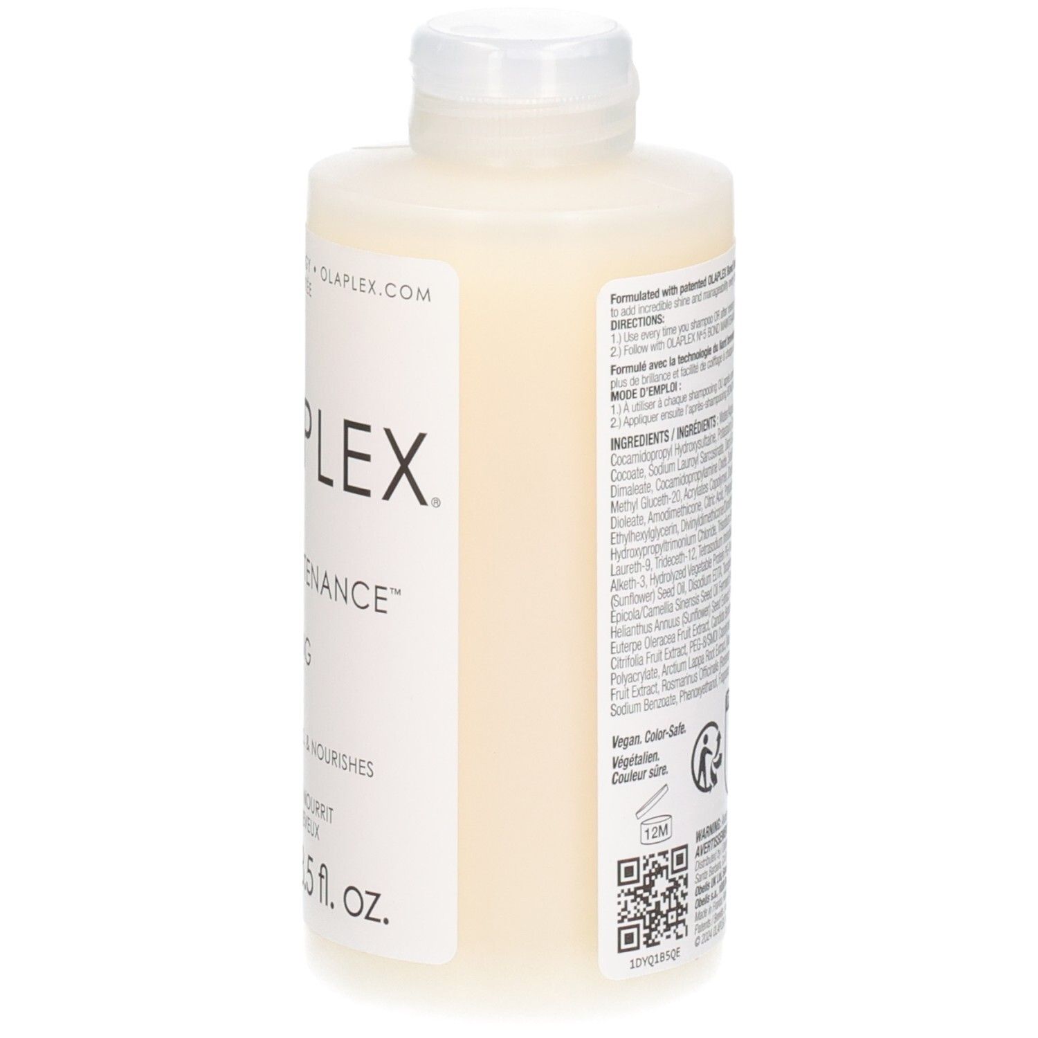 Seitenansicht einer Flasche OLAPLEX No. 4 Bond Maintenance Shampoo. Weiße Flasche mit weißem Klappdeckel.
