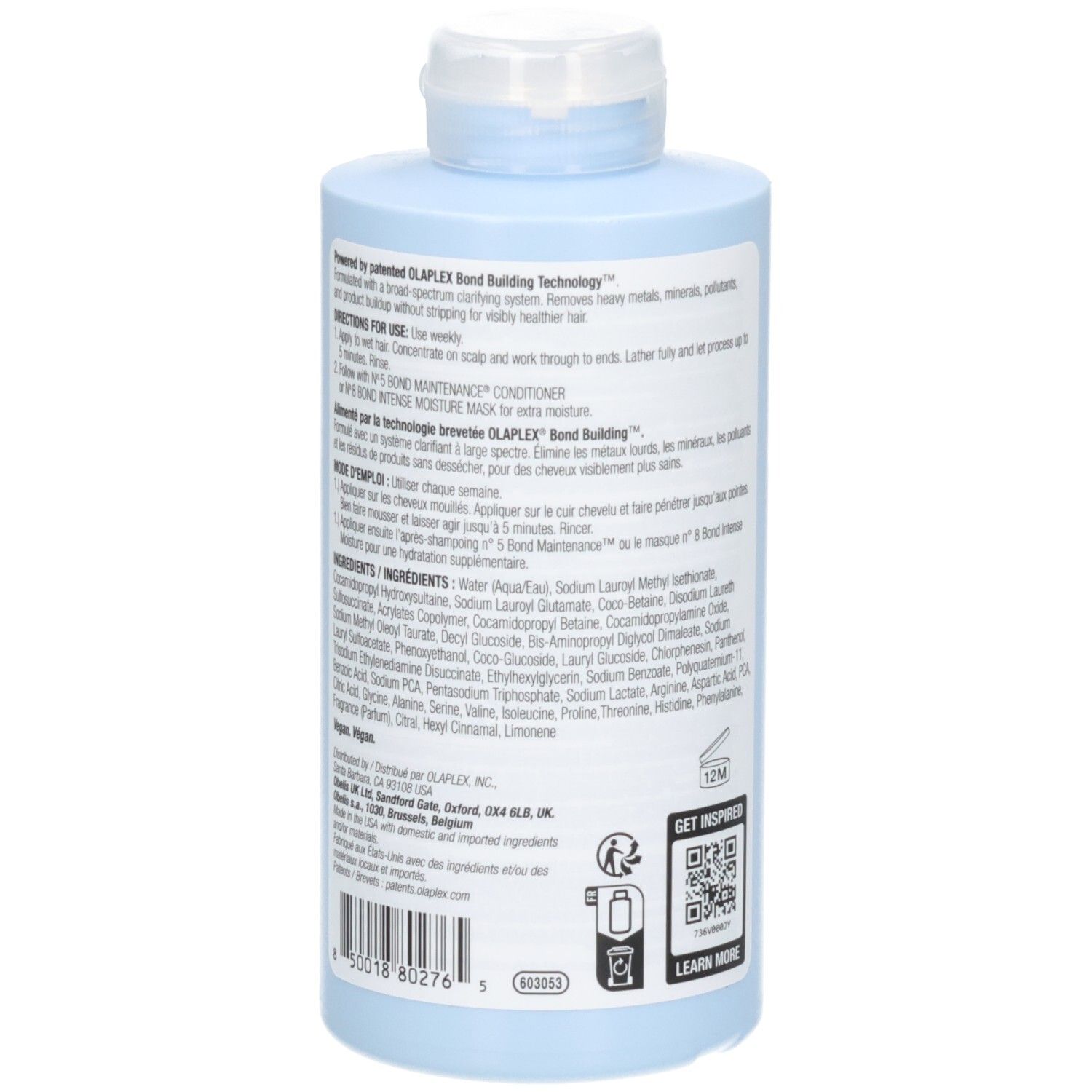 Olaplex No. 4C Bond Maintenance Clarifying Shampoo Flasche, Rückseite mit Anwendungshinweisen.
