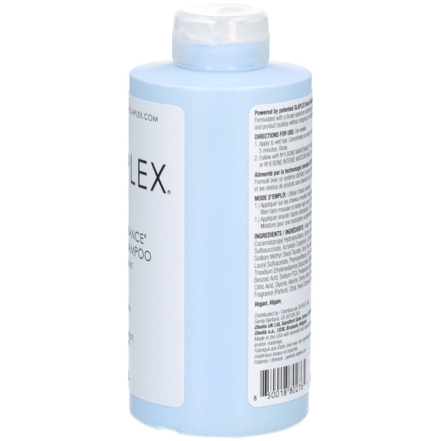 Olaplex No. 4C Bond Maintenance Clarifying Shampoo Flasche, Seite mit Anwendungshinweisen.