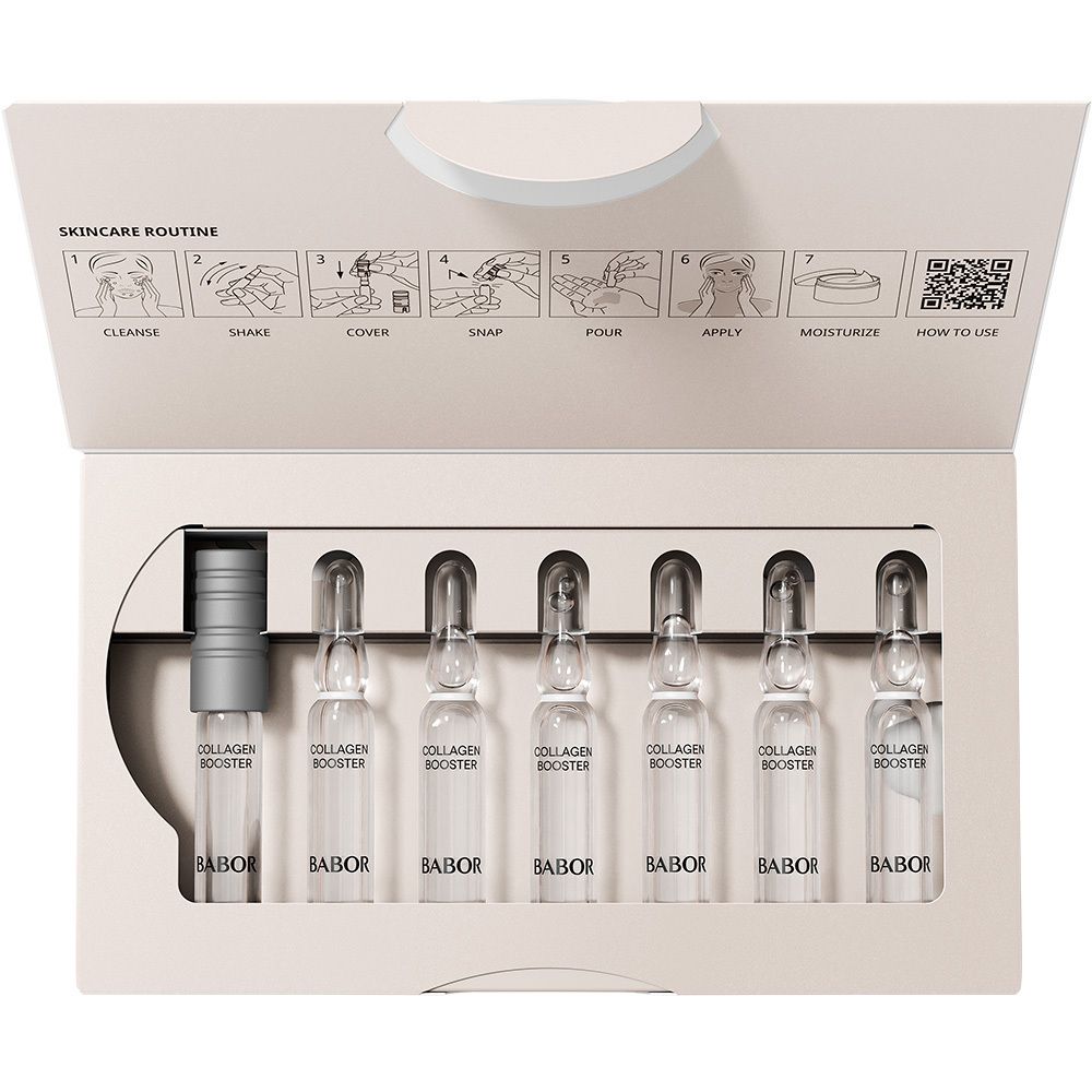 Babor Collagen Booster Ampullen-Verpackung, Rückansicht mit Produktinformationen.