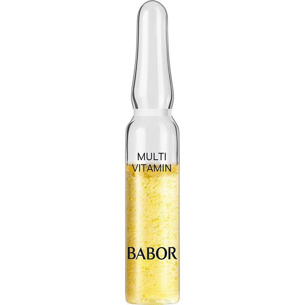 Babor Multi Vitamin Ampullen-Verpackung, Vorderseite mit stilisierter Ampulle und Produktnamen.
