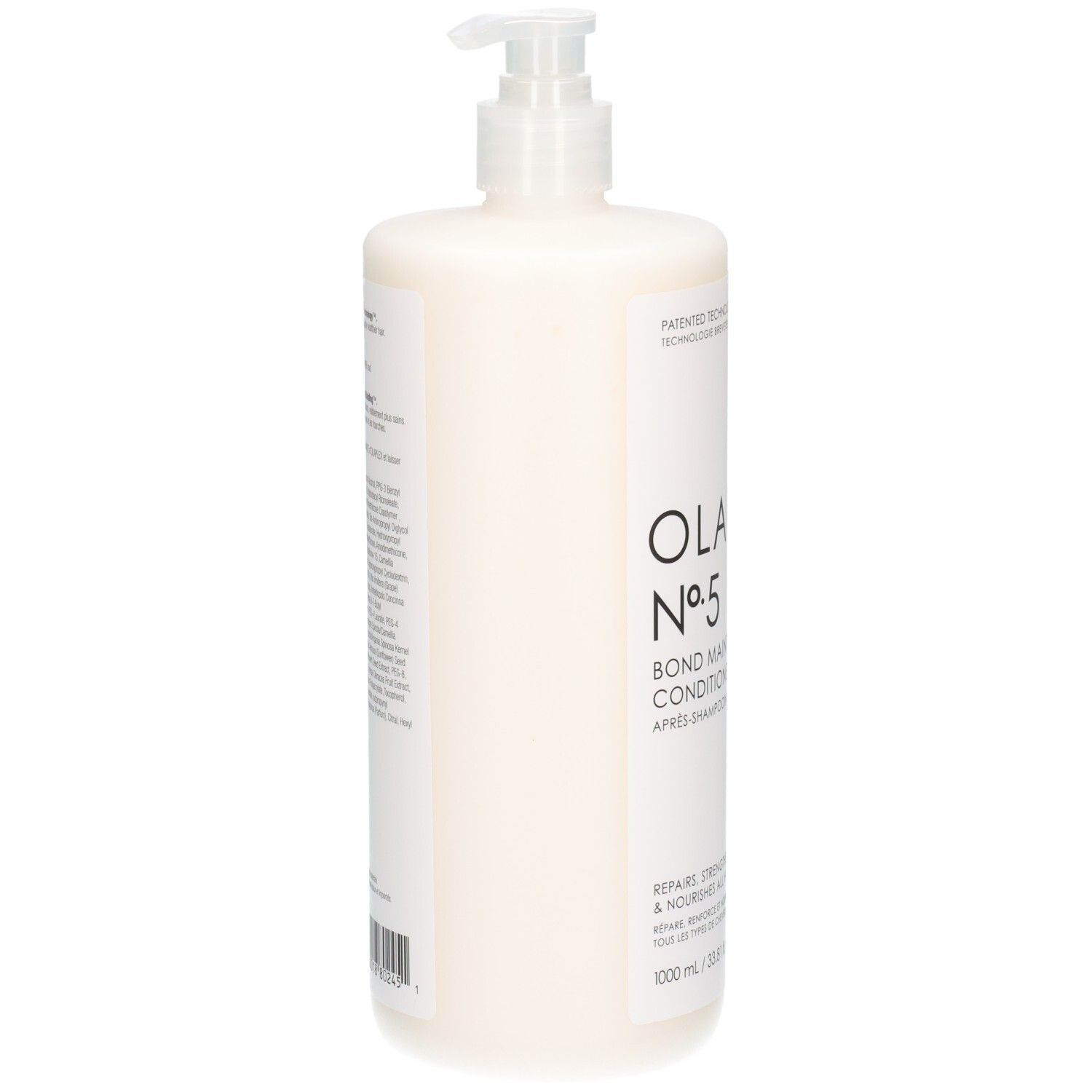 Seitenansicht der Olaplex N°5 Bond Maintenance Conditioner Flasche mit Pumpverschluss.