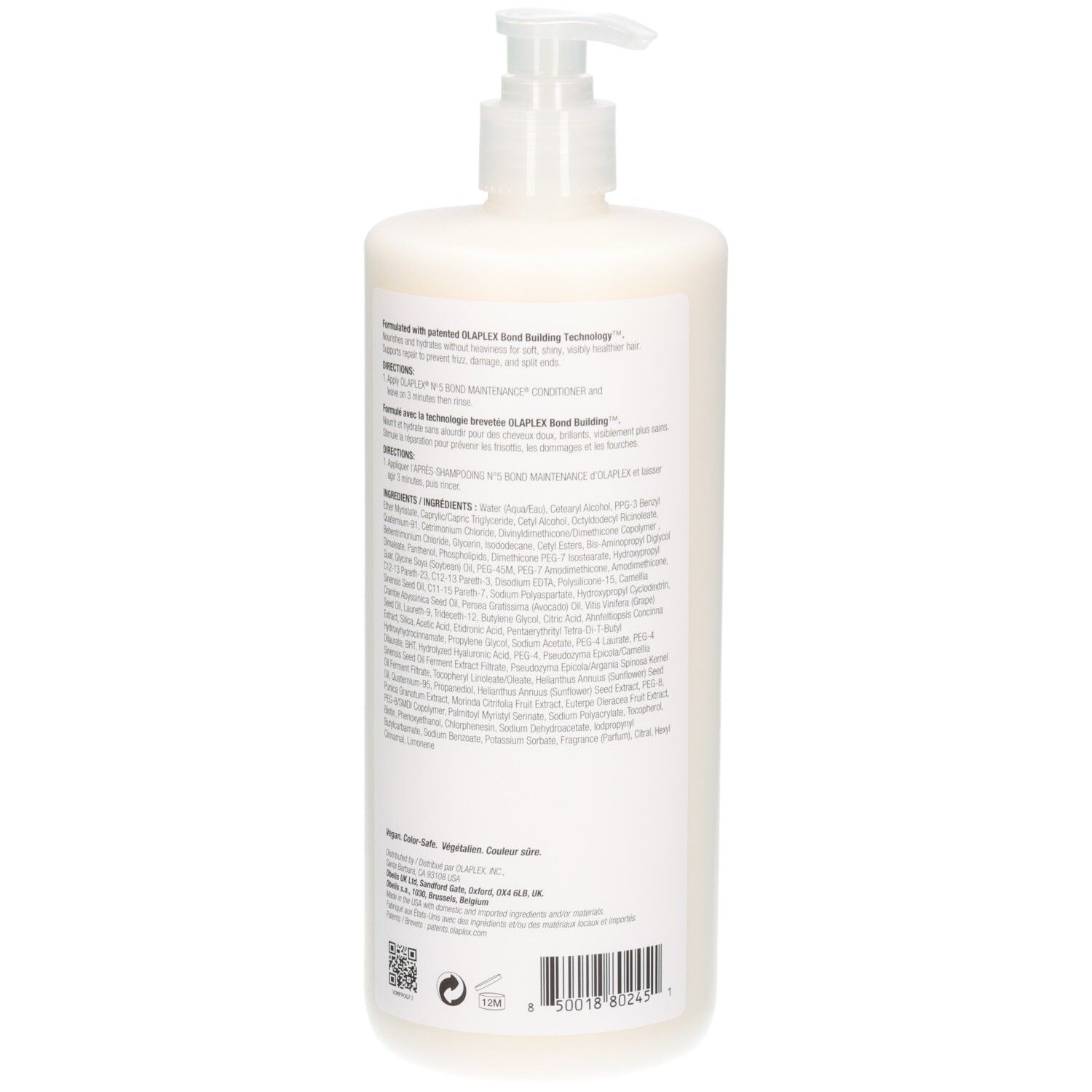 Rückseite der Olaplex N°5 Bond Maintenance Conditioner Flasche mit Inhaltsstoffen und Volumenangabe.