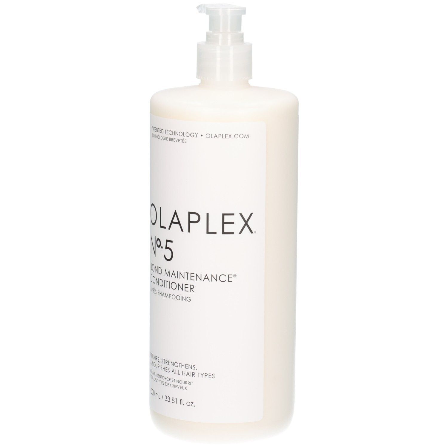 Vorderansicht der Olaplex N°5 Bond Maintenance Conditioner Flasche mit Pumpzerstäuber.