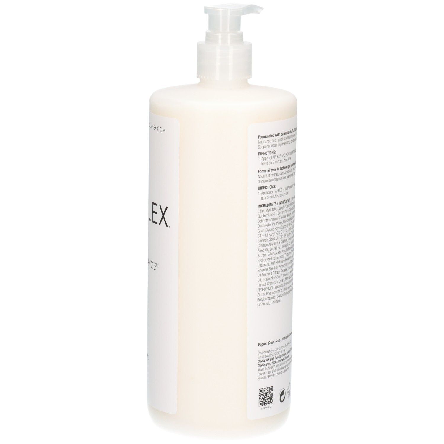 Seitenansicht der Olaplex N°5 Bond Maintenance Conditioner Flasche, weiß mit Pumpe.