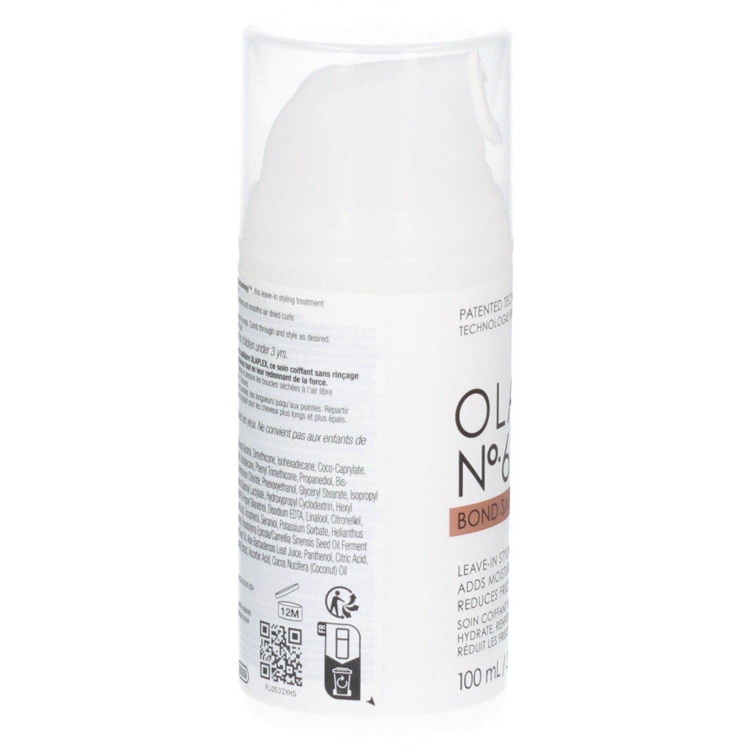 Rückseite der Olaplex Nr. 6 Bond Smoother Flasche mit Inhaltsstoffen und Anwendungshinweisen.