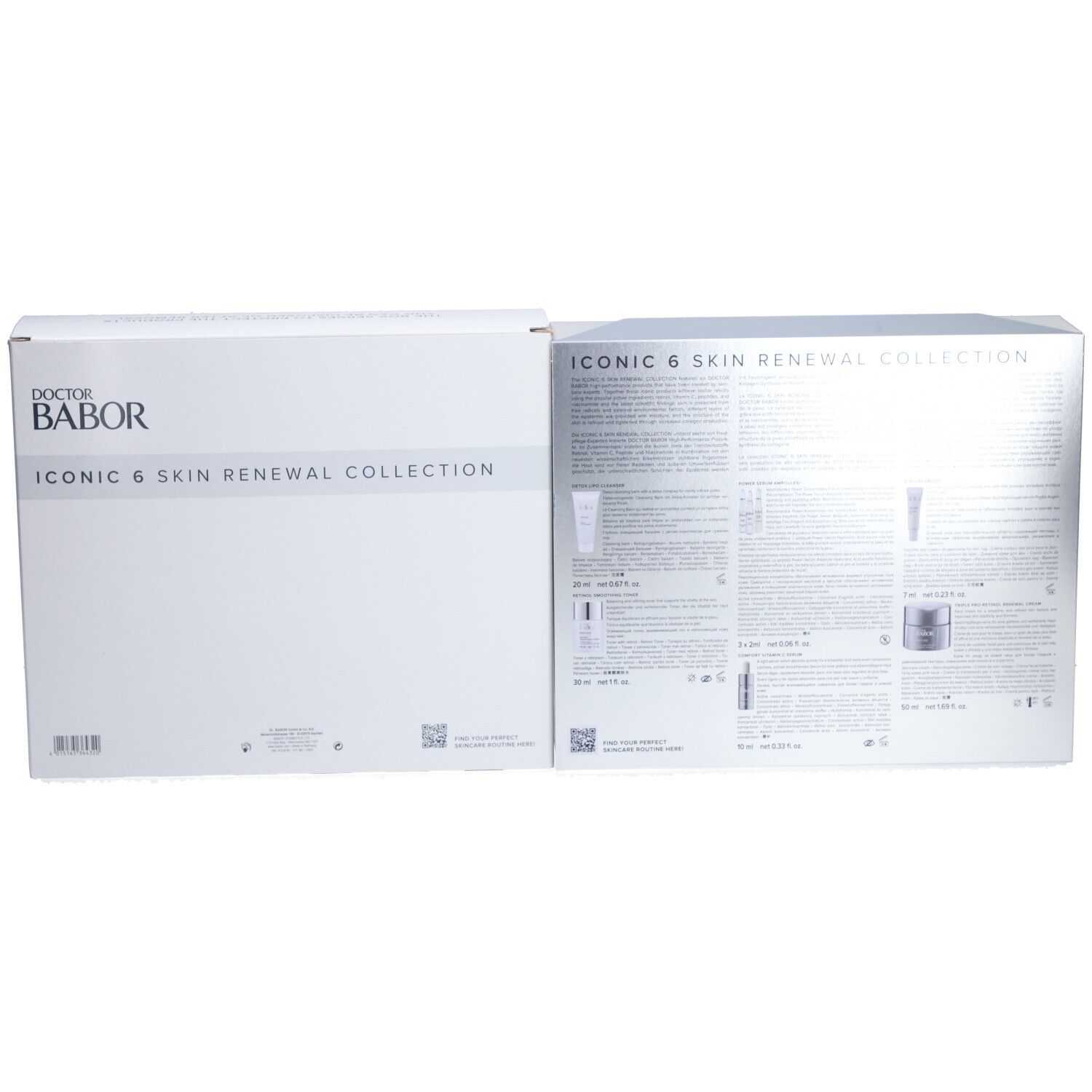 Weiße Verpackung, auf der "DOCTOR BABOR ICONIC 6 Skin Renewal Collection" steht. Aufgeklappt, mit Produktabbildungen.