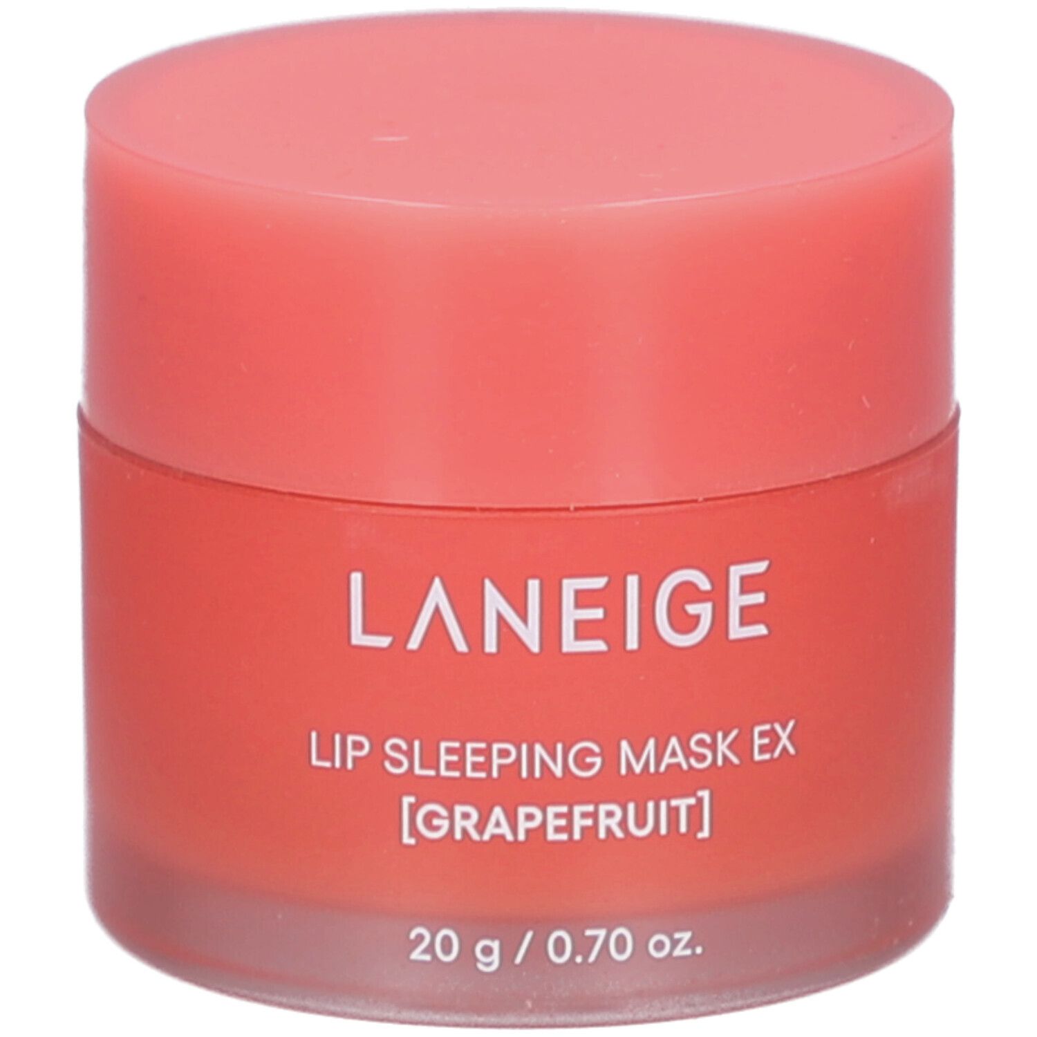 Runder Tiegel mit rosa Deckel. Aufschrift: LANEIGE, LIP SLEEPING MASK EX [GRAPEFRUIT], 20 g / 0.70 oz.