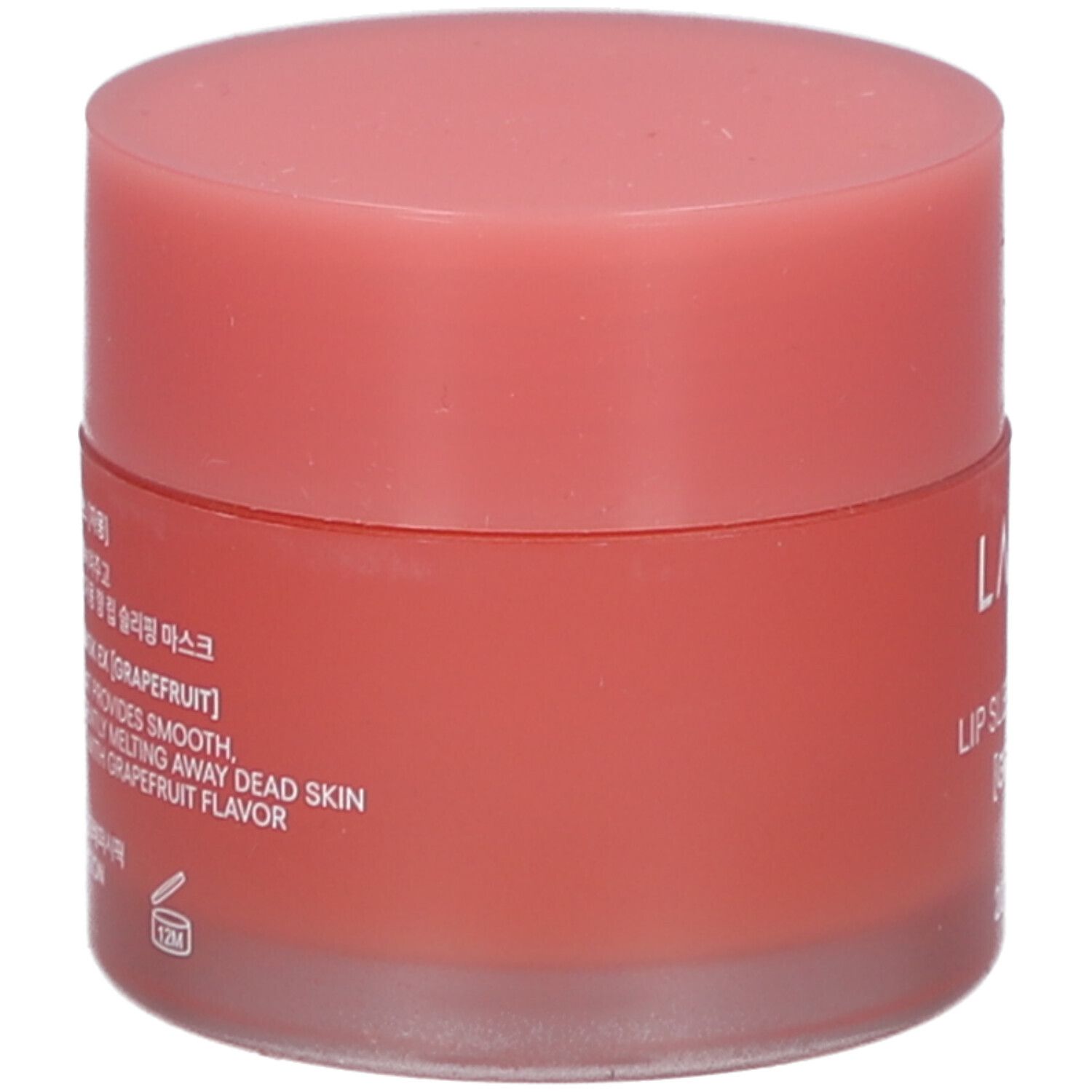Runder Tiegel mit rosa Deckel. Aufschrift: LANEIGE, LIP SLEEPING MASK EX [GRAPEFRUIT]. Seitliche Produktinformationen.