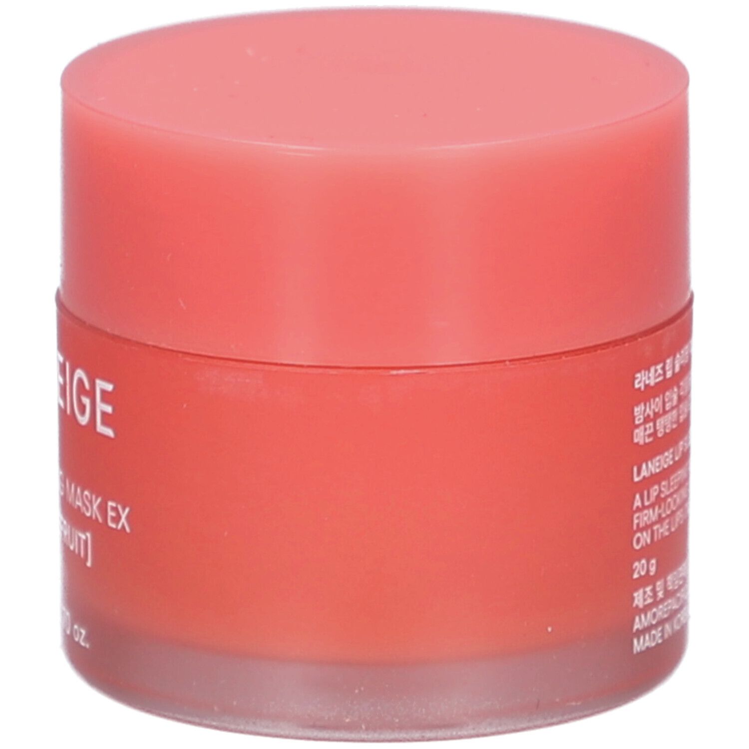 Runder Tiegel mit rosa Deckel. Aufschrift: LANEIGE, LIP SLEEPING MASK EX [GRAPEFRUIT]. Seitliche Produktinformationen.