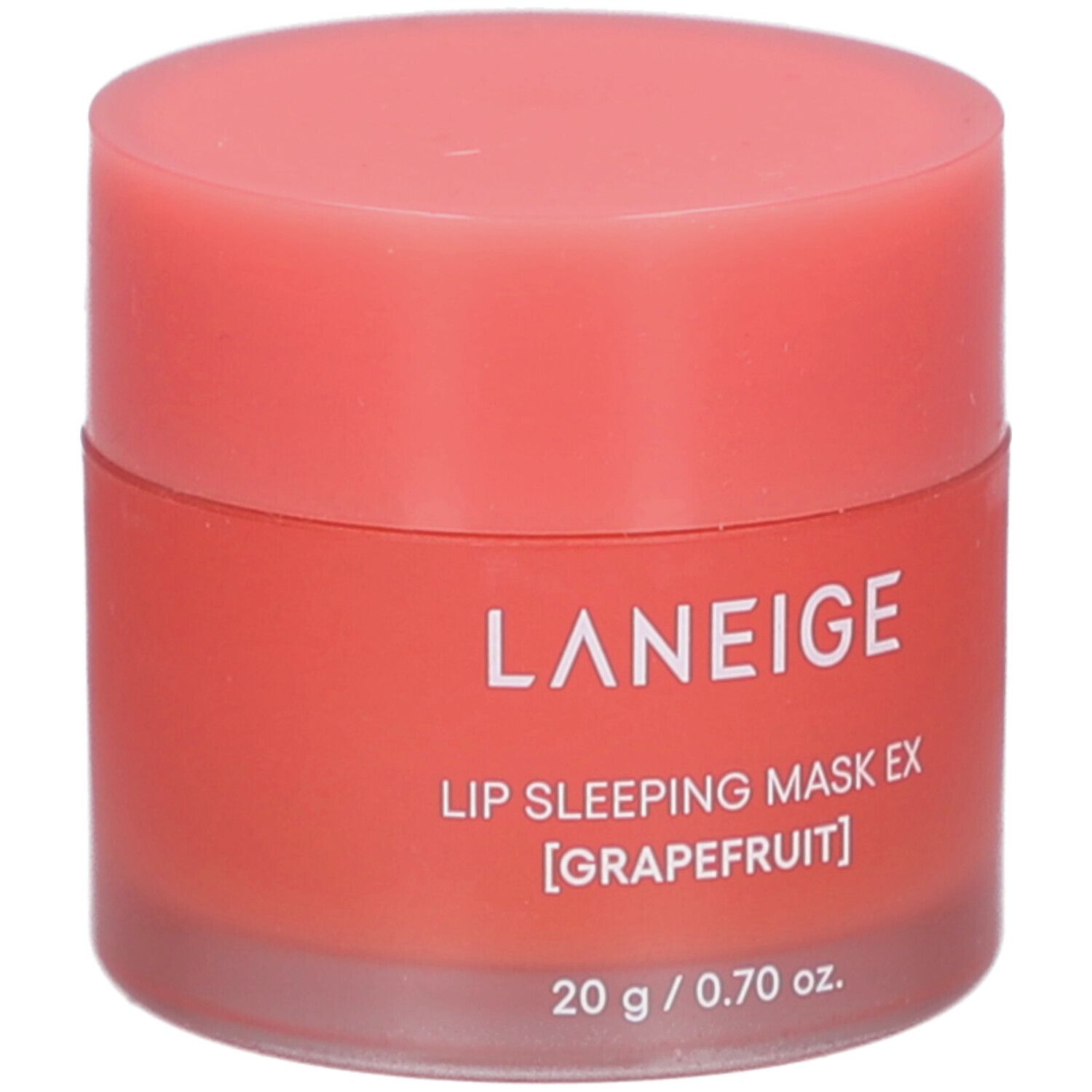 Runder Tiegel mit rosa Deckel. Aufschrift: LANEIGE, LIP SLEEPING MASK EX [GRAPEFRUIT], 20 g / 0.70 oz.