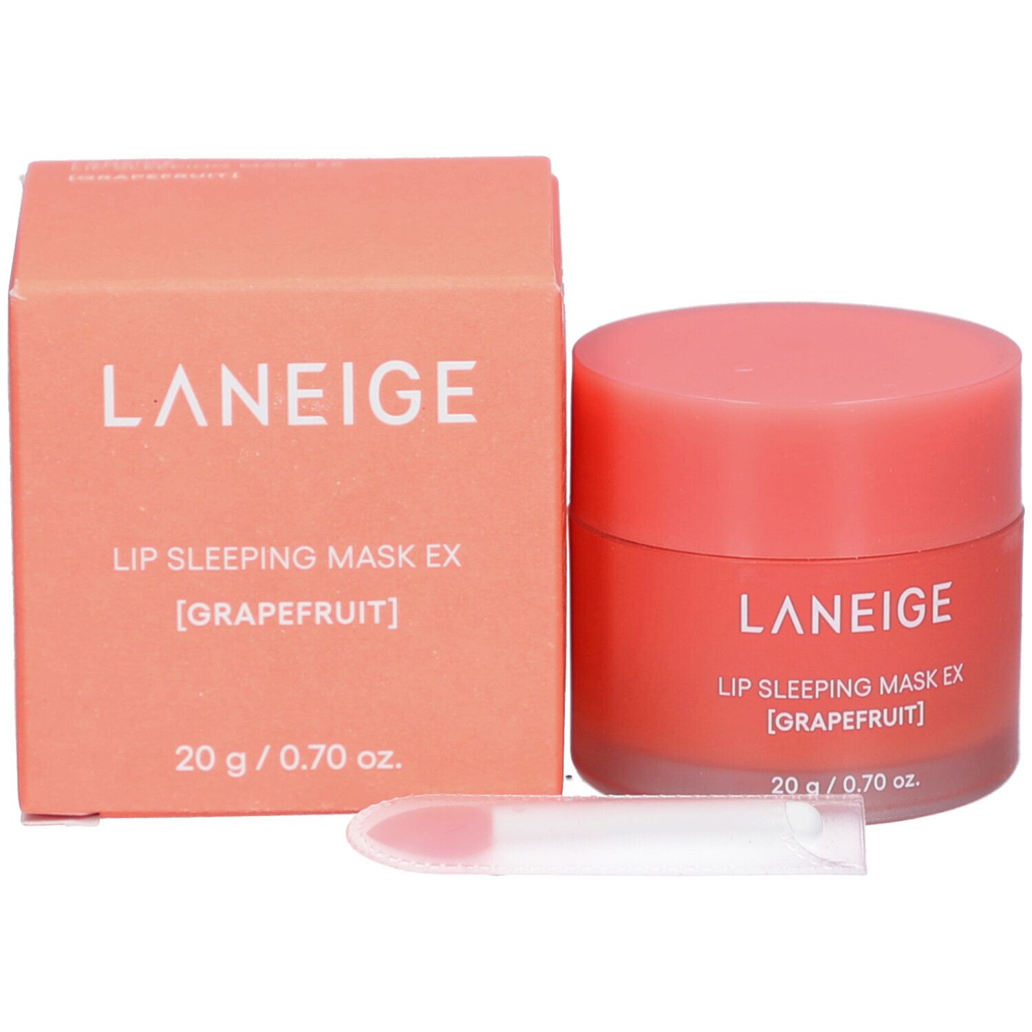 Produktverpackung mit Tiegel, Karton und Spatel. Aufschrift: LANEIGE, LIP SLEEPING MASK EX [GRAPEFRUIT], 20 g / 0.70 oz.